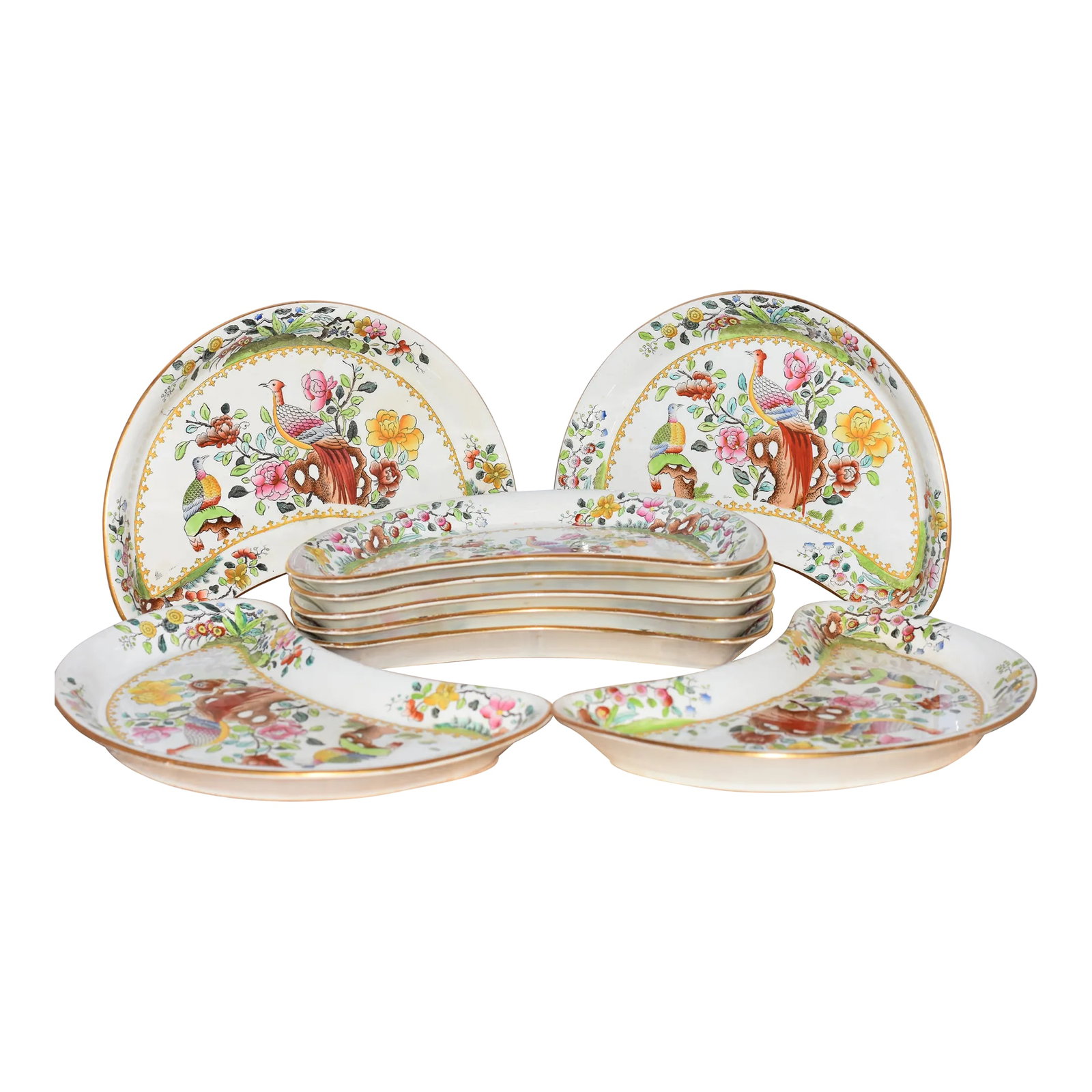 Circa 1900s Spode Copeland T. Goode & Co Flowers & Pheasant Birds Crescent Plates- Set of 9 (1 of 6)