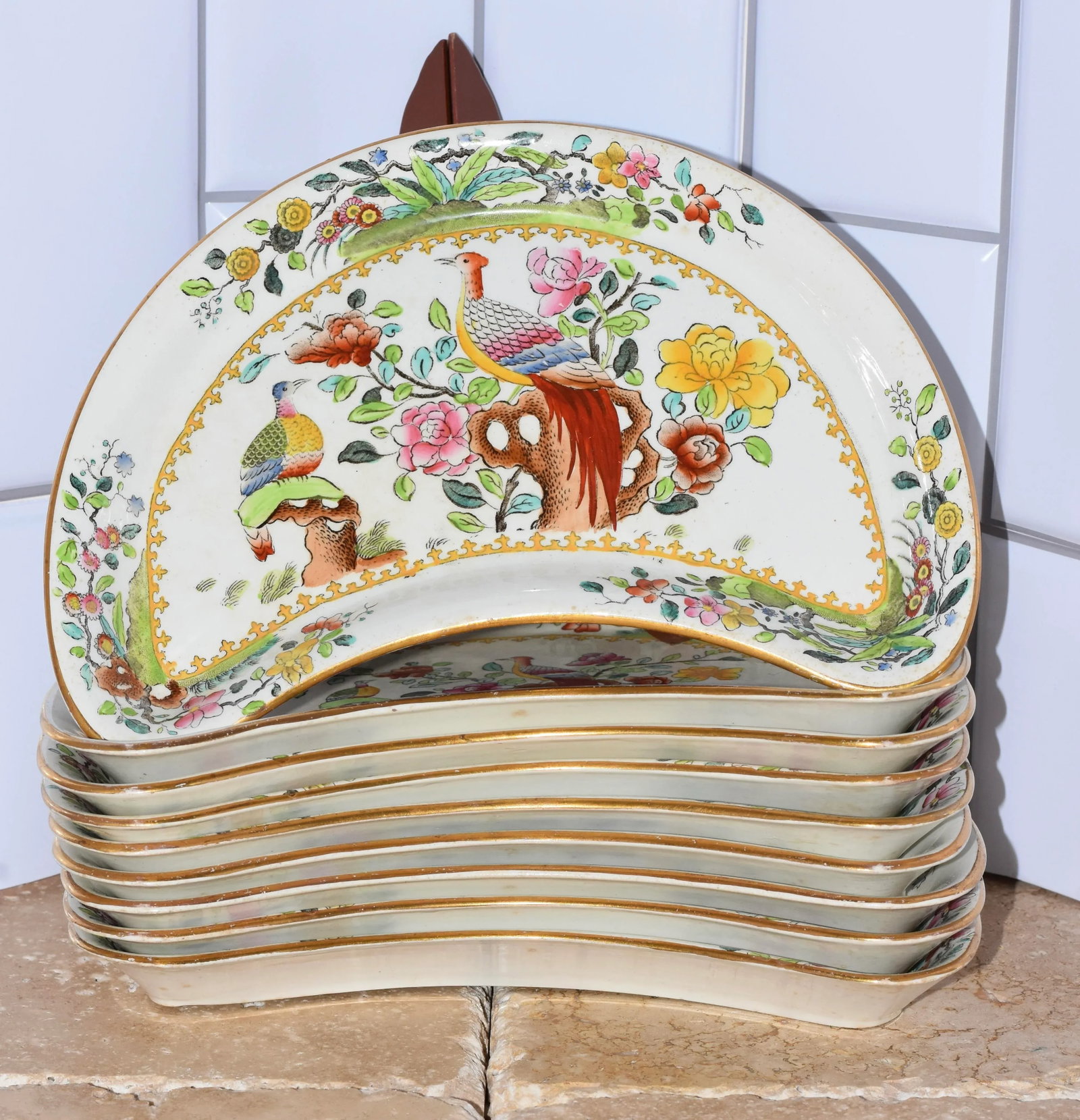 Circa 1900s Spode Copeland T. Goode & Co Flowers & Pheasant Birds Crescent Plates- Set of 9 - 2