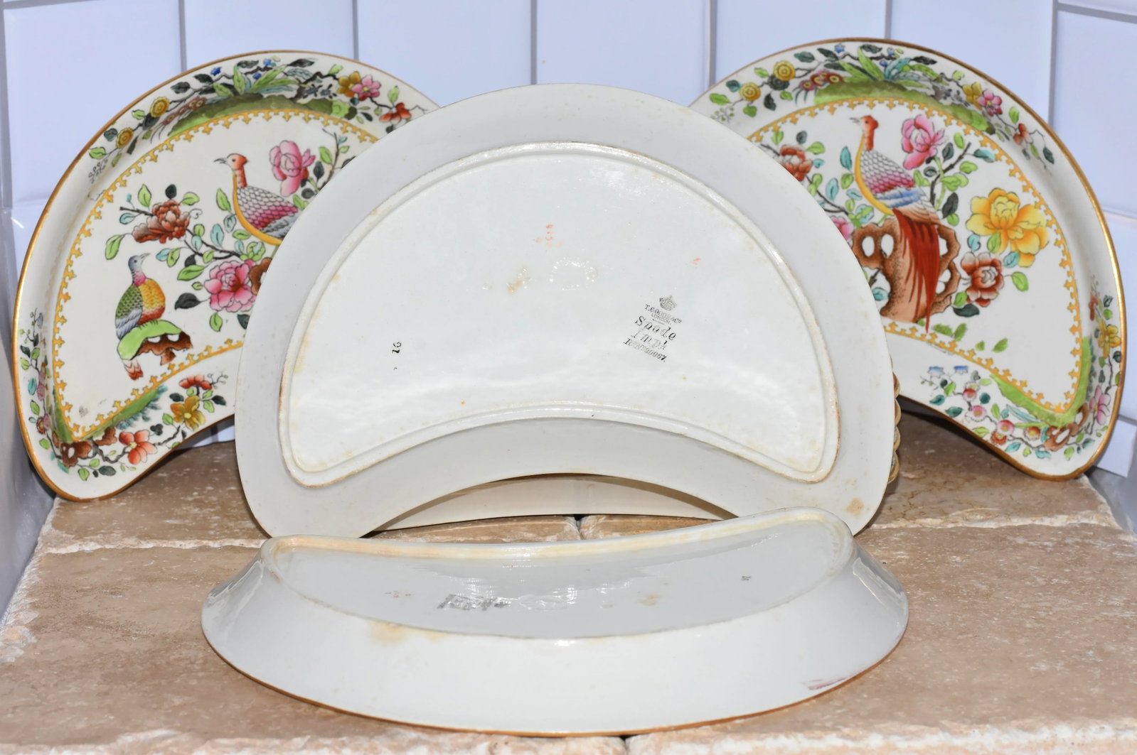 Circa 1900s Spode Copeland T. Goode & Co Flowers & Pheasant Birds Crescent Plates- Set of 9 - 3