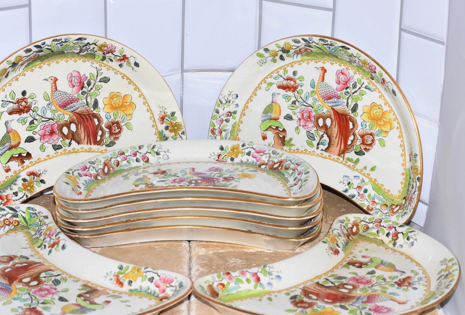 Circa 1900s Spode Copeland T. Goode & Co Flowers & Pheasant Birds Crescent Plates- Set of 9 - 4