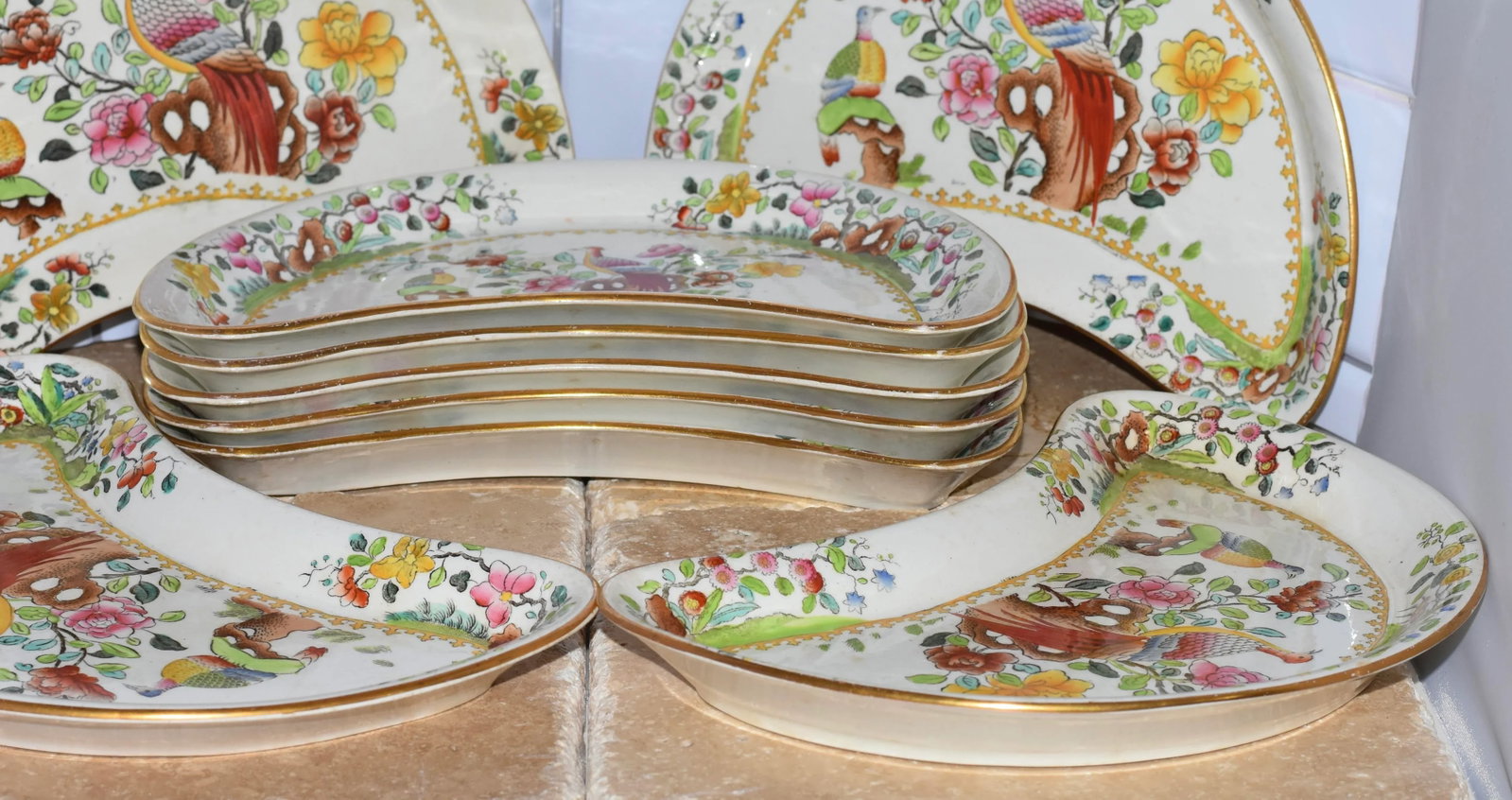 Circa 1900s Spode Copeland T. Goode & Co Flowers & Pheasant Birds Crescent Plates- Set of 9 - 6
