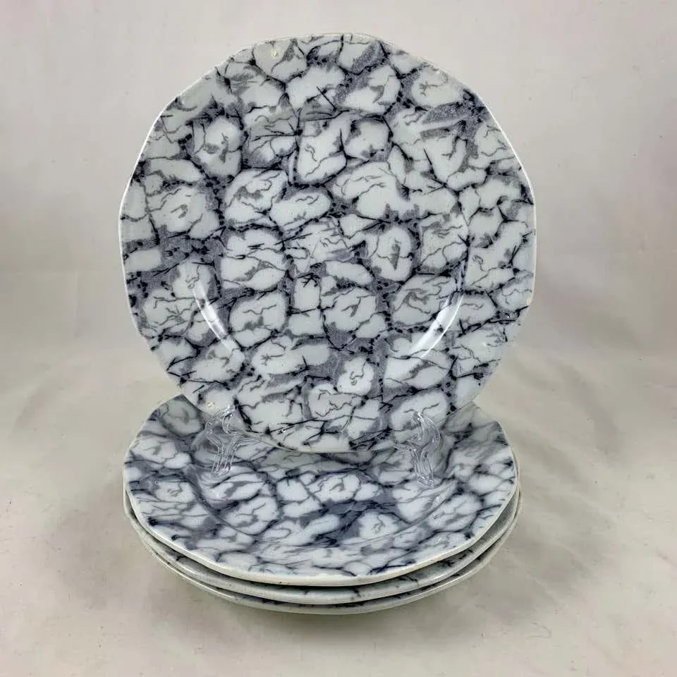 1830s Black and White Transferware Marble or Cracked Ice Ironstone Plates - Set of 4 - 13
