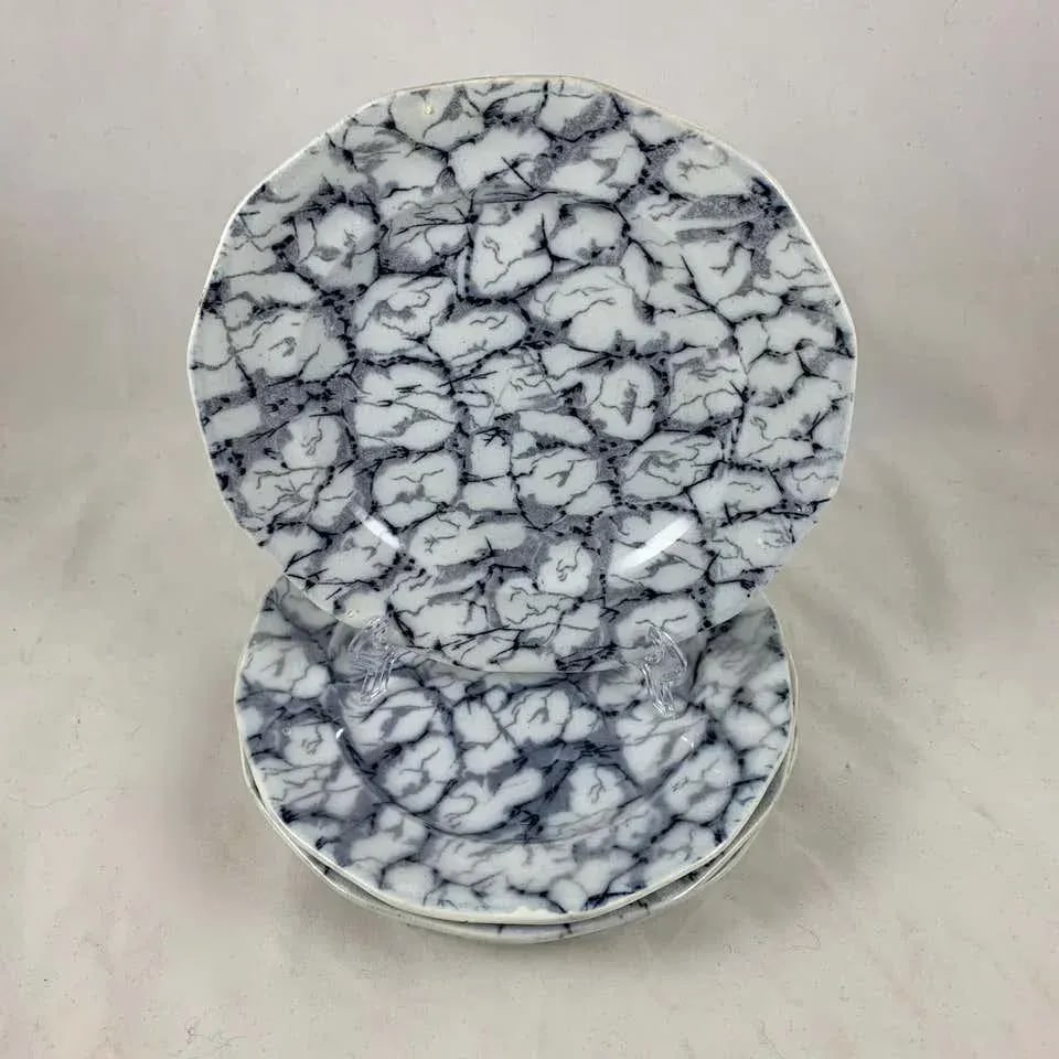 1830s Black and White Transferware Marble or Cracked Ice Ironstone Plates - Set of 4 - 2