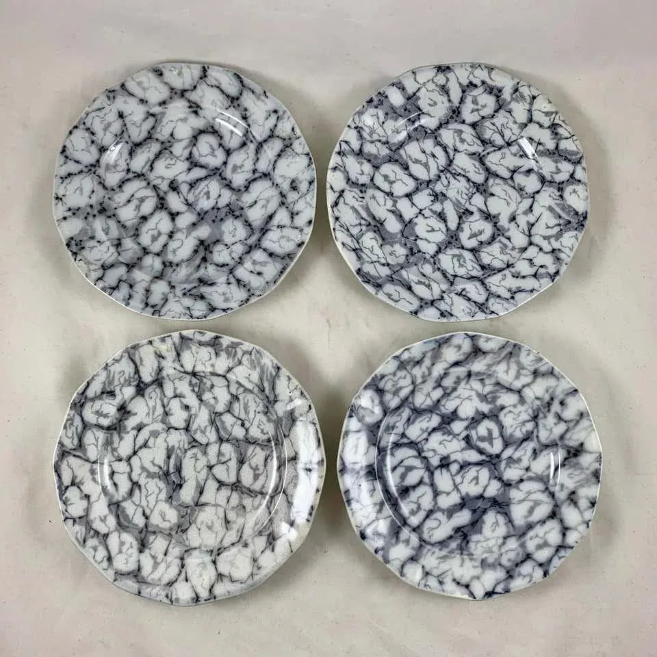 1830s Black and White Transferware Marble or Cracked Ice Ironstone Plates - Set of 4 - 3