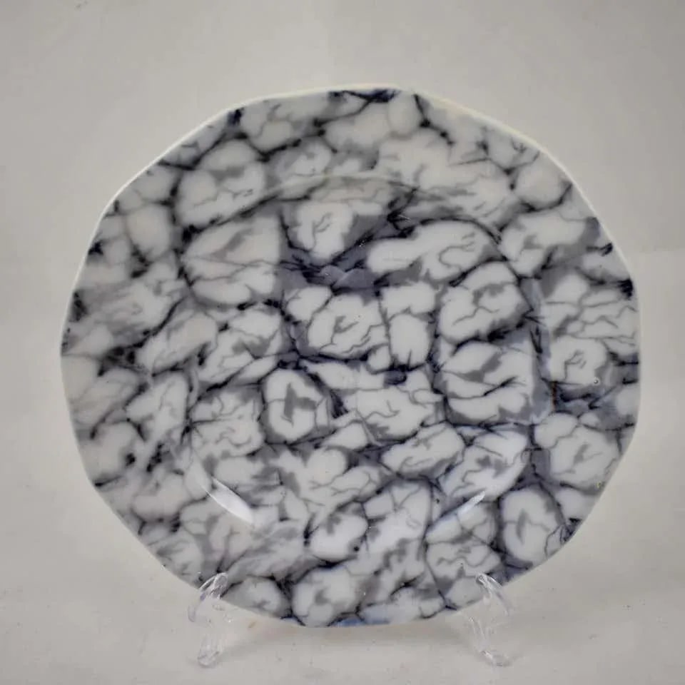 1830s Black and White Transferware Marble or Cracked Ice Ironstone Plates - Set of 4 - 4