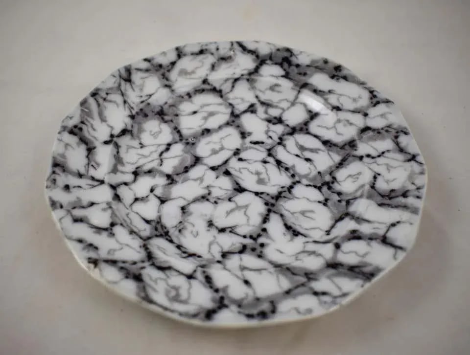 1830s Black and White Transferware Marble or Cracked Ice Ironstone Plates - Set of 4 - 5