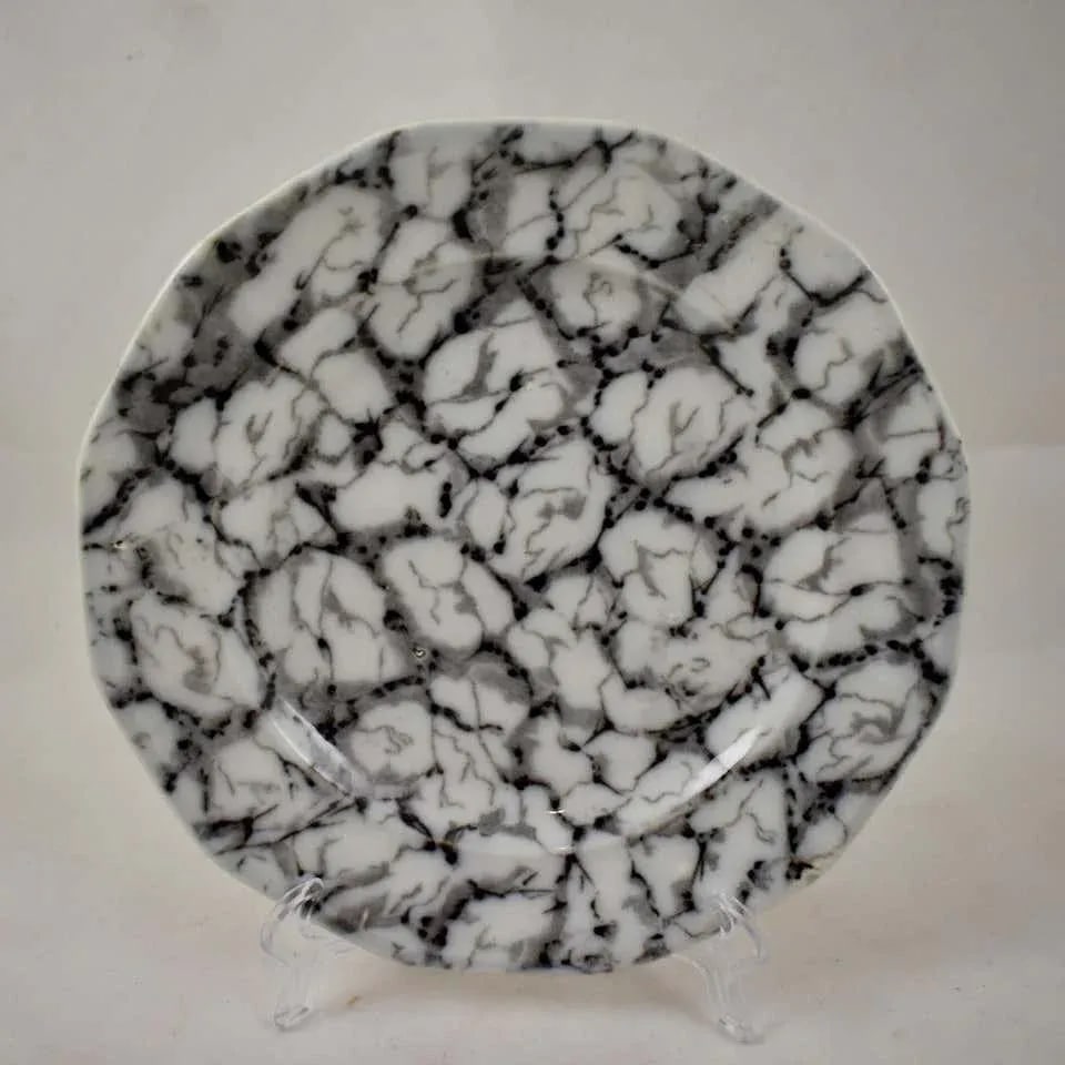 1830s Black and White Transferware Marble or Cracked Ice Ironstone Plates - Set of 4 - 7