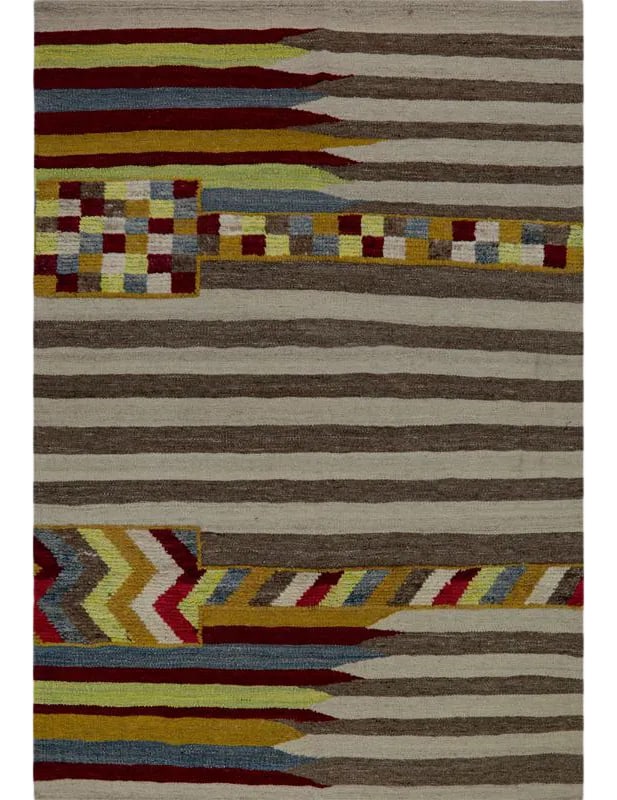 Handwoven Scandinavian Style Persian Kilim Area Rug 3'4" X 5'6": This bewitchingly beautiful example of a tribal Kilim area rug features a contemporary pop of electrifying bright colors in a playful mixed-weave design. The creative modern twist of a knotted-pile