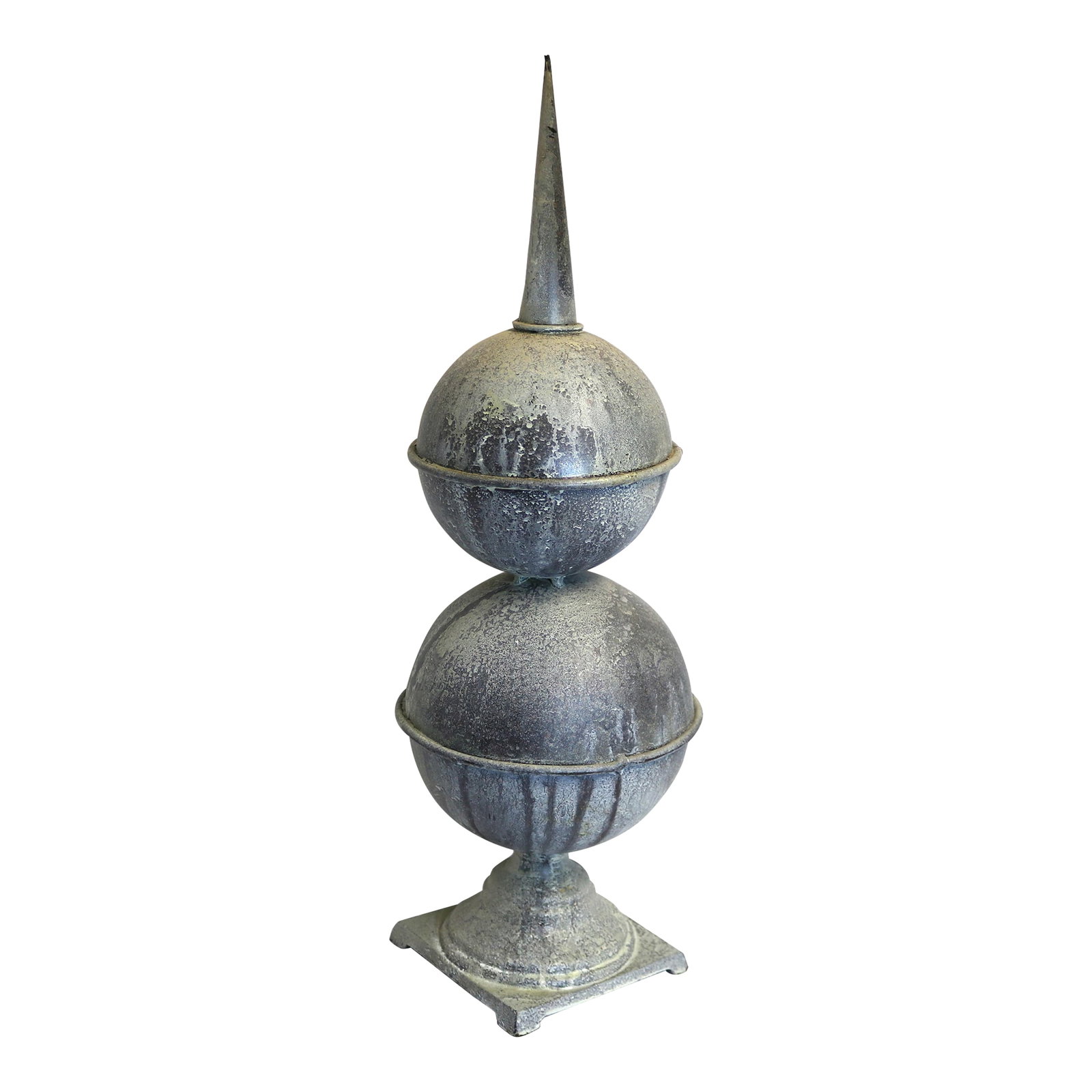 Late 20th Century Architectural Metal Garden Finial: Enhance your garden or outdoor space with this unique architectural piece. Featuring a sturdy cast iron base, hollow spheres, and a spire, it's finished with a charming whitewash paint. A stunning