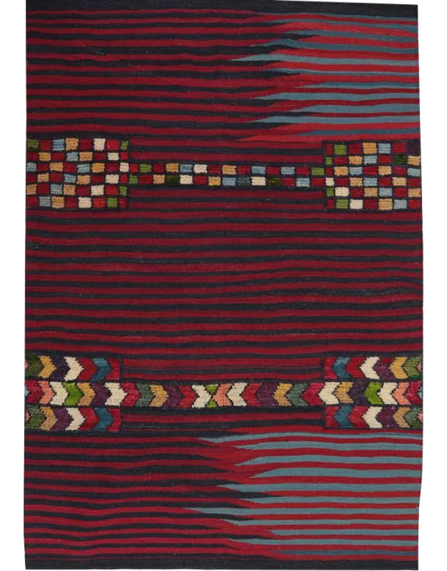 Handwoven Scandinavian Style Persian Kilim Area Rug - 4'2" * 5'8'': This bewitchingly beautiful example of a tribal Kilim area rug features a contemporary pop of electrifying bright colors in a playful mixed-weave design. The creative modern twist of a knotted-pile