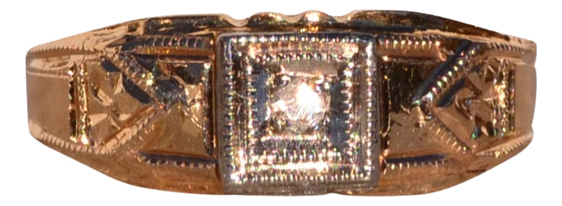 The Veneto: Antique Childs Ring with Natural Rose Cut Diamond: The Veneto: Antique Childs Ring with Natural Rose Cut Diamond. This stunning ring showcases a rose cut natural diamond center, elegantly framed by a double milgrain edge square box for a touch of