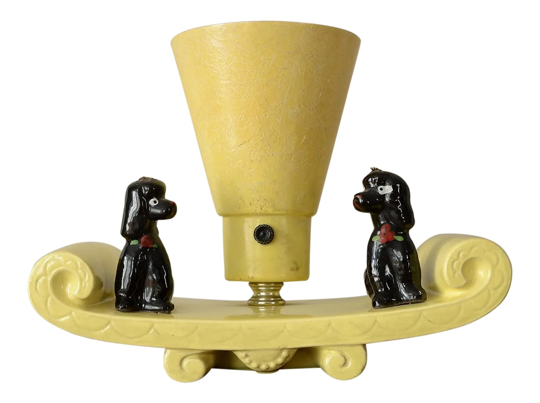 1950s Vigon Ceramic Poodles Table Lamp With Fiberglass Shade: Utterly charming and unique ceramic table lamp with two adorable black poodles and a cone-shaped fiberglass shade, made by The Vigon Company from Los Angeles, California in the 1950s. Bottom is
