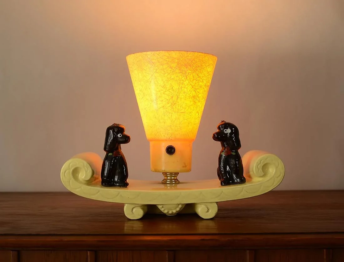 1950s Vigon Ceramic Poodles Table Lamp With Fiberglass Shade - 2
