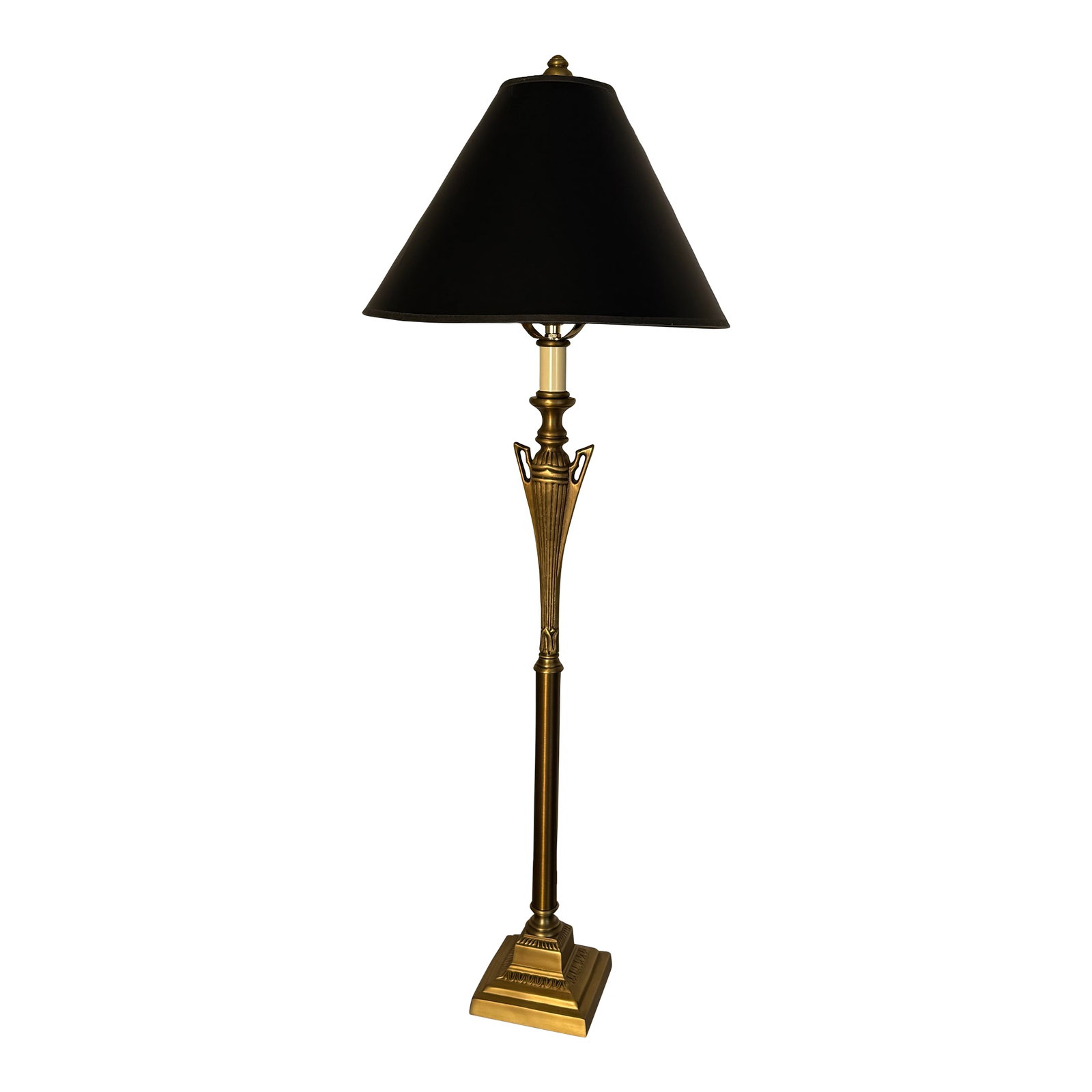Vintage Art Deco Satin Brass & Black Table Lamp: A classic Art Deco style adorns this tall, slender table lamp. The smooth column is comprised of satin brass with a winged open Art Deco imprint at the top with a ridged square base width of 4.5