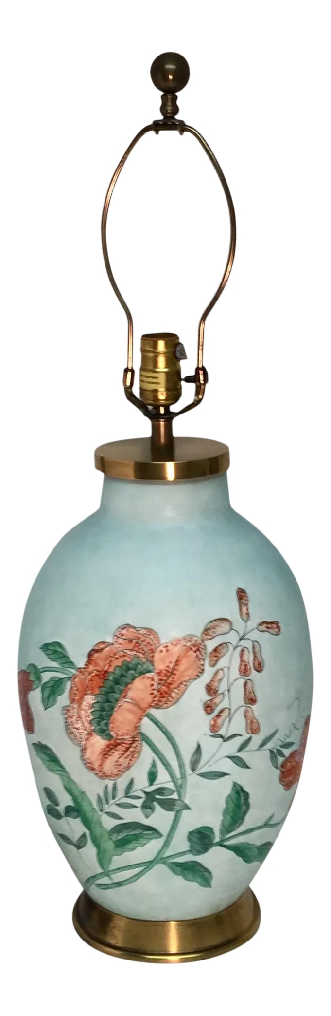 Vintage 1980's Chapman Ceramic and Brass Table Lamp: Fabulous 1982 Chapman ceramic and brass table lamp. This very unique lamp features a beautiful powdery Blue Robin's Egg body with hand painted orange poppies. It has a heavy brass base and top. This