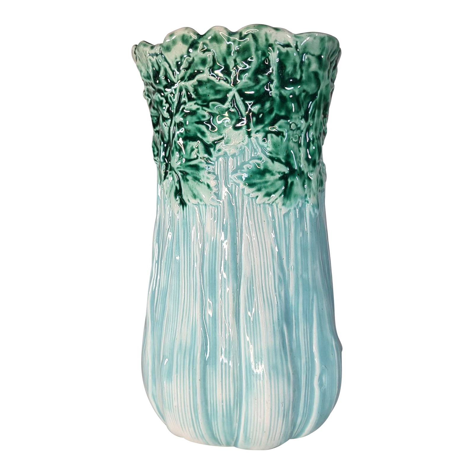 Late 19th Century Majolica Turquoise Celery Vase: Majolica celery vase with turquoise stalks, green tops and pink interior. No makers mark is visible but attributed to the aesthetic movement, late 1800s. Condition: Alterations: Original Condition