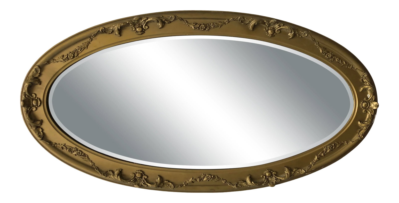 Vintage Oval Mirror Plaster Molded Frame 45x23: Vintage oval mirror, old beveled glass, plaster molded frame with some loss. 45x23, approx 30 Lbs. Condition: Alterations: Original Condition Unaltered Imperfections: Some Imperfections Condition