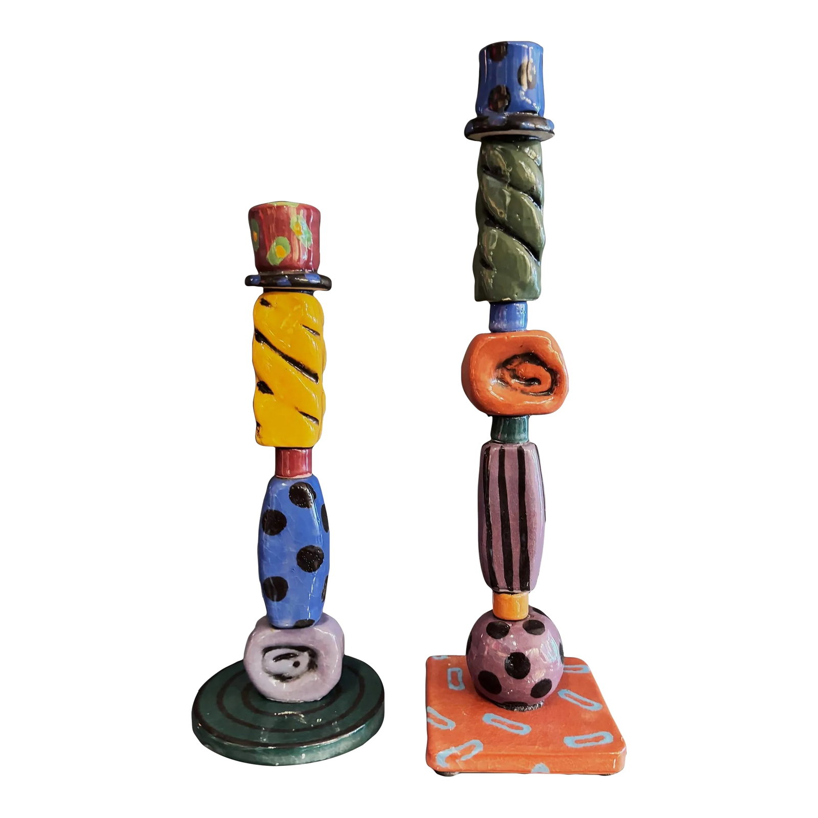 1990s Post Modern Memphis Milano Studio Pottery Candlesticks, Signed Mueller '97- a Pair (1 of 6)