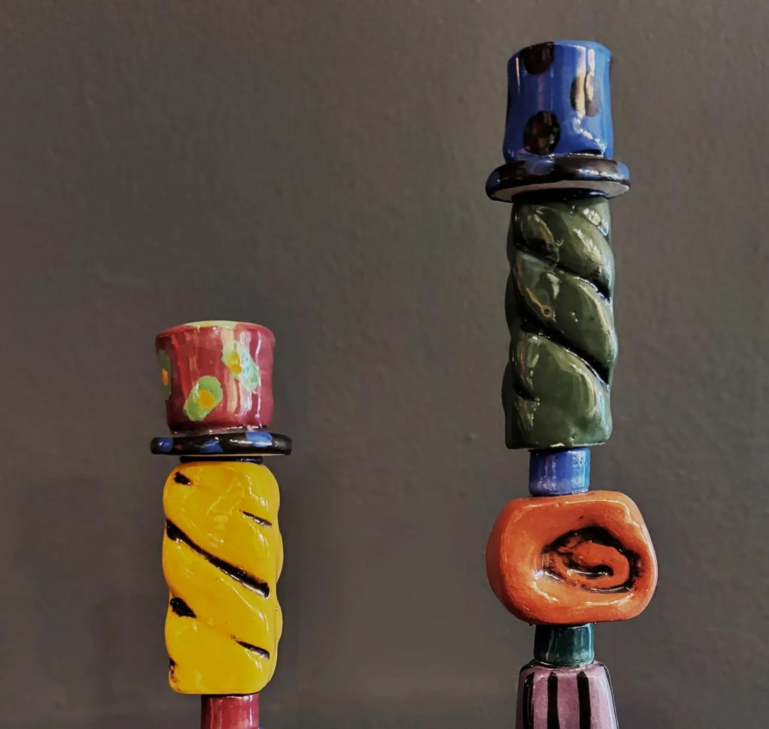 1990s Post Modern Memphis Milano Studio Pottery Candlesticks, Signed Mueller '97- a Pair - 2