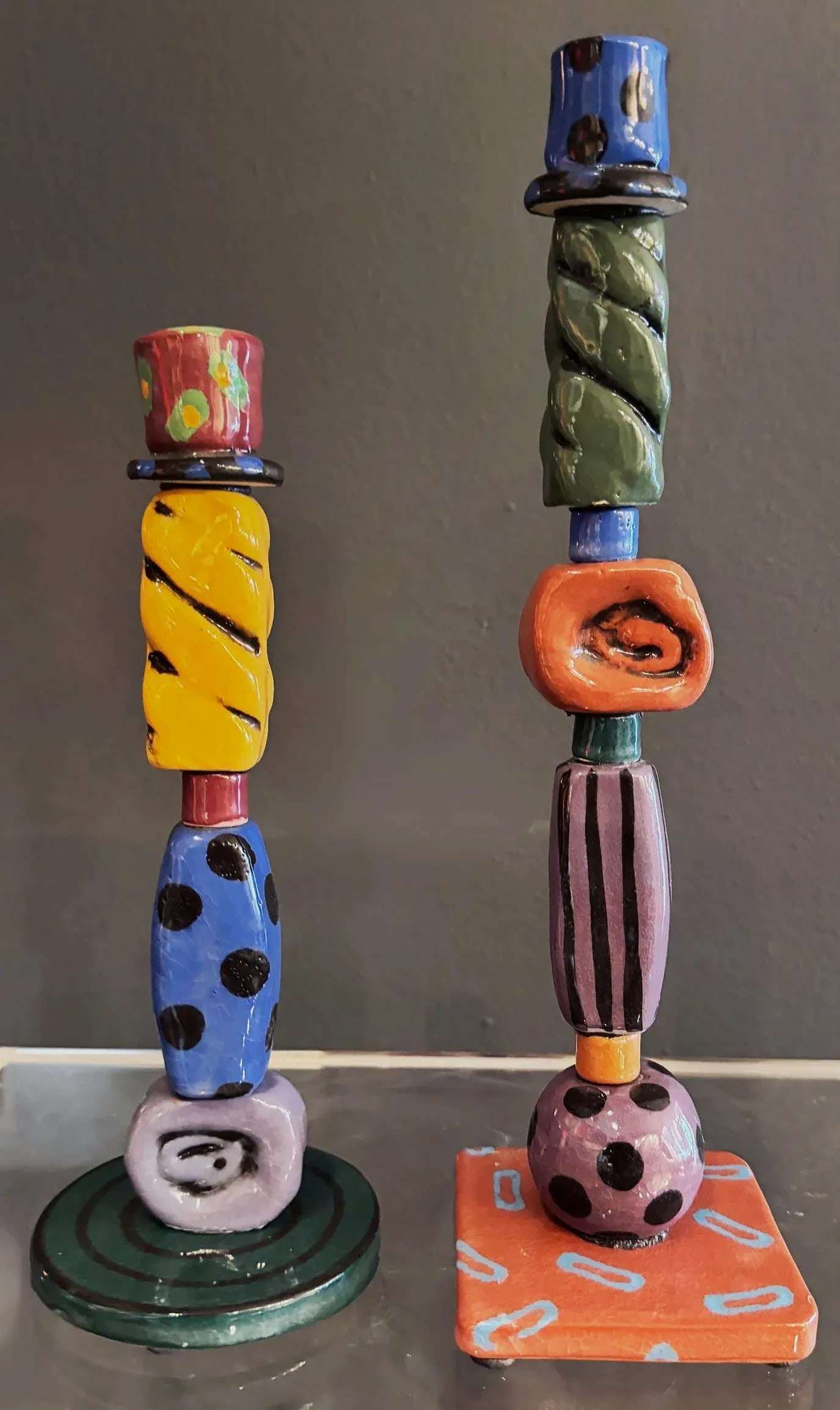 1990s Post Modern Memphis Milano Studio Pottery Candlesticks, Signed Mueller '97- a Pair - 4