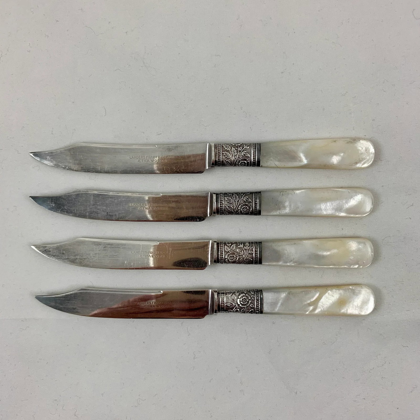 Aetna Works Mother of Pearl and Sterling Silver Collar Fruit Knives - Set of 4 - 2