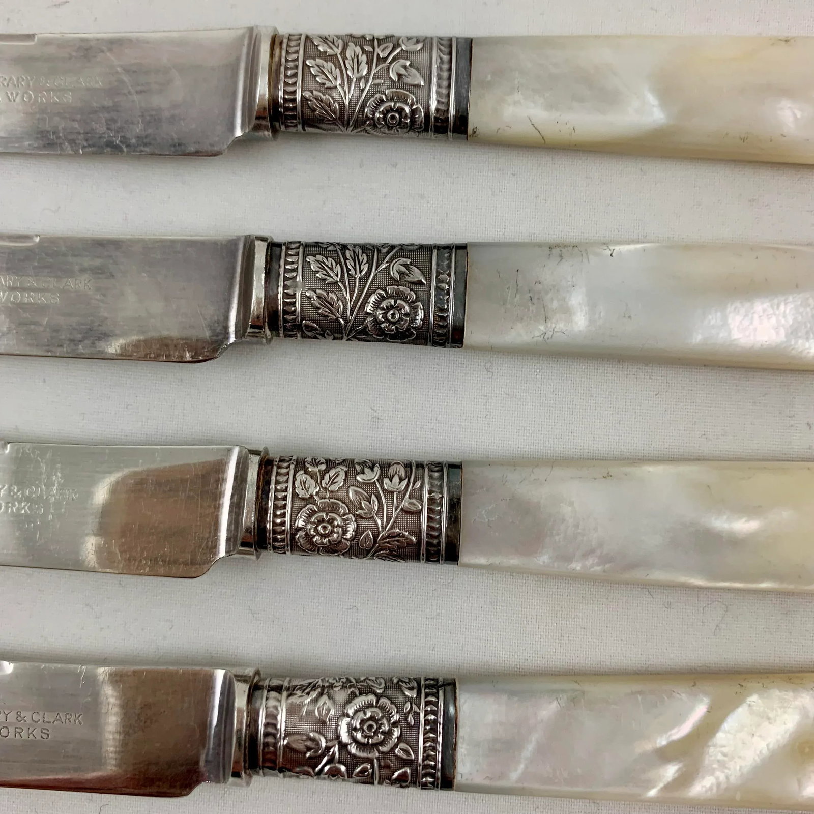 Aetna Works Mother of Pearl and Sterling Silver Collar Fruit Knives - Set of 4 - 4