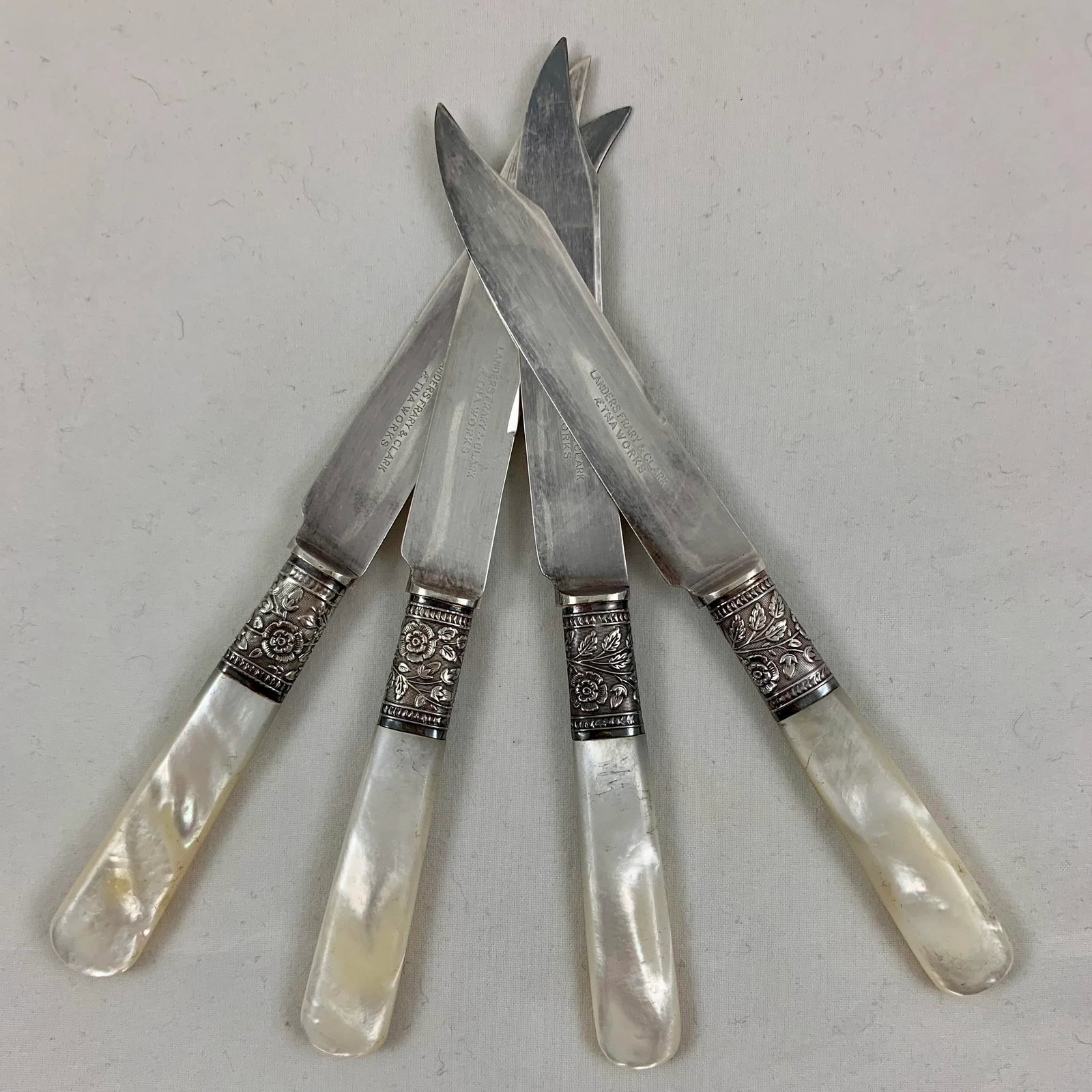 Aetna Works Mother of Pearl and Sterling Silver Collar Fruit Knives - Set of 4 - 7