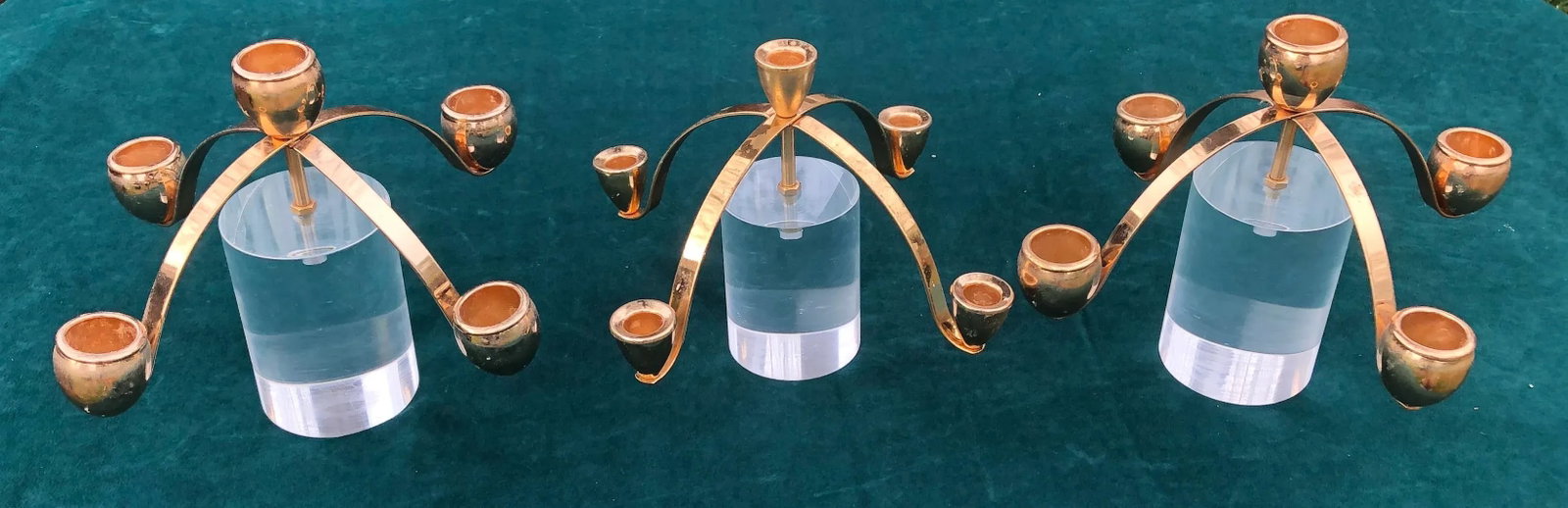 Vintage Lenox Clear Lucite and Brass Candle Holders - Set of 3 - 3