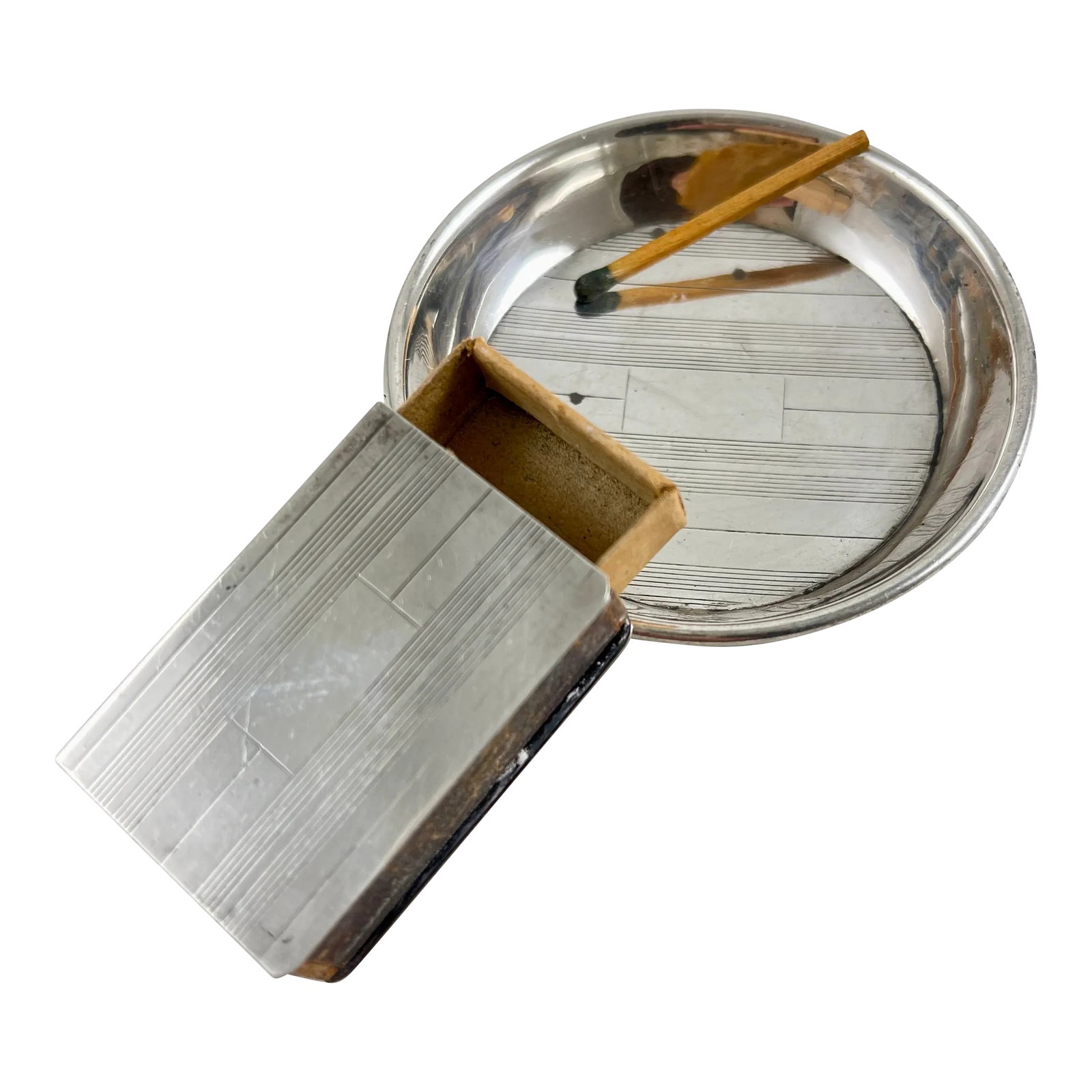 Art Deco Era Sterling Silver Personal Travel Ashtray & Match Holder: An Art Deco Era Sterling Silver smoke set, an ashtray and match book holder, made for personal use while traveling, circa 1920-1930. This set fits neatly into a jacket pocket. For the discerning