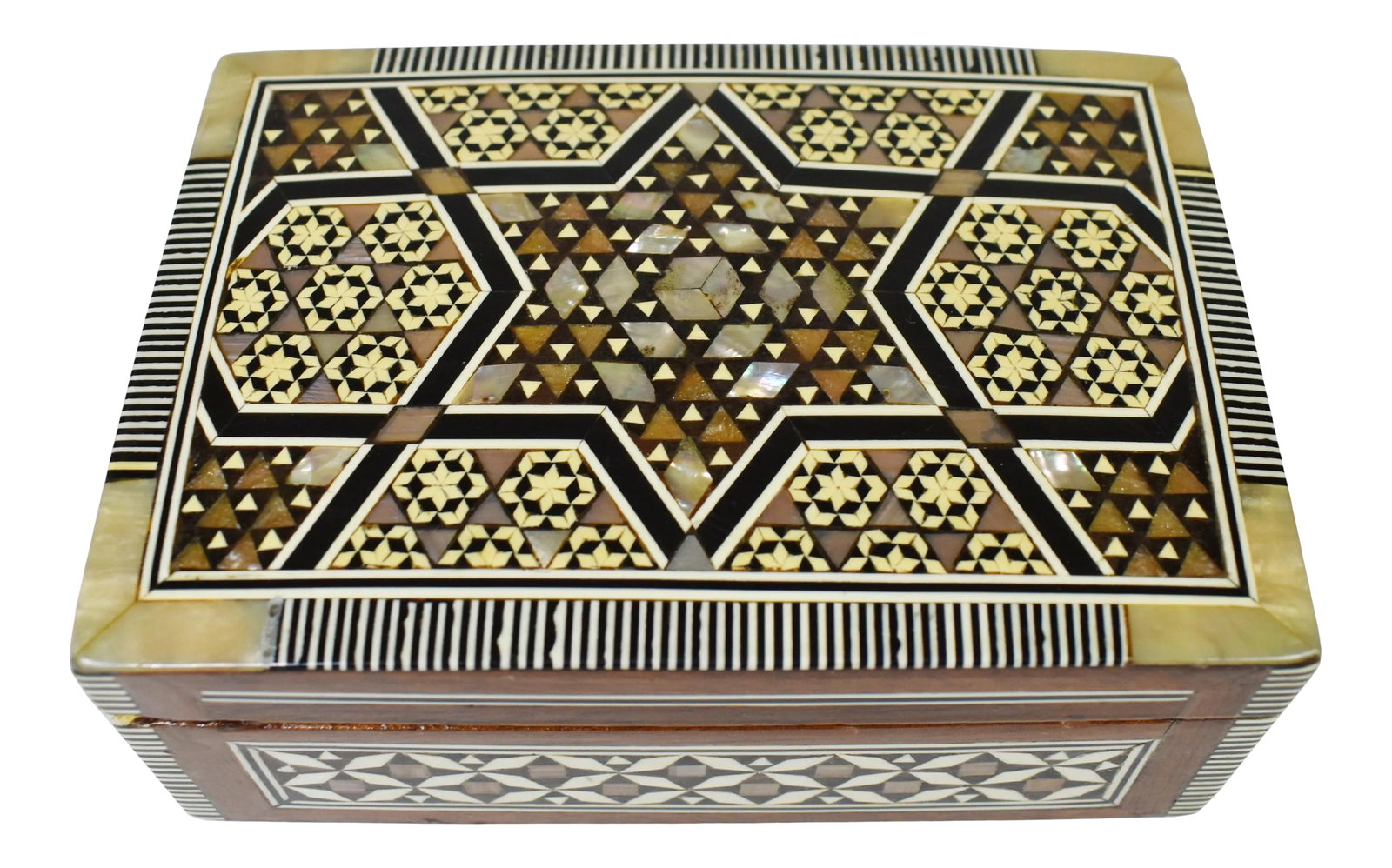 Vintage Handmade Moroccan Marquetry Inlaid Mother of Pearl Jewelry Trinket Box: Vintage handmade marquetry mosaic inlaid mother of pearl Khatam jewelry box Item Details: -Handmade -In Great vintage Condition -Middle Eastern -Lined with red velvet -Dimensions (approximately): 5" L