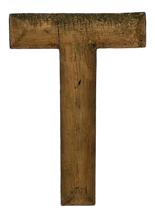 Antique Wood Sign Letter T: Early 1900s hand carved wood sign letter T in original gold paint. Letter has hanger on back. Letter has wear from outside use, scratches, chips, cracks. Condition: Alterations: Original Condition