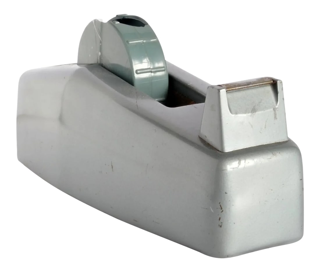 Vintage Gray Tape Dispenser: Vintage tape dispenser. Tape holder measures 3" in diameter, 1" in width. Condition: Alterations: Original Condition Unaltered Imperfections: Some Imperfections Condition Notes: wear. missing piece.