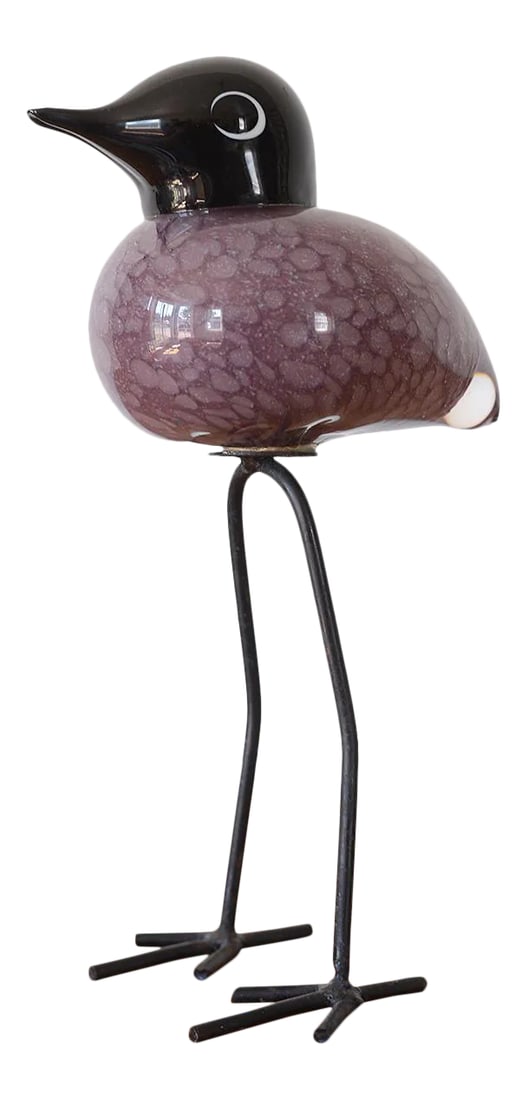 Mid Century Modern Style Hand-Blown Glass Bird Figurine With Metal Legs: Incredibly charming mid century modern style handblown glass bird figurine with stylized long metal legs. The bird's head is made of opaque black glass and the body has a layer of translucent glass