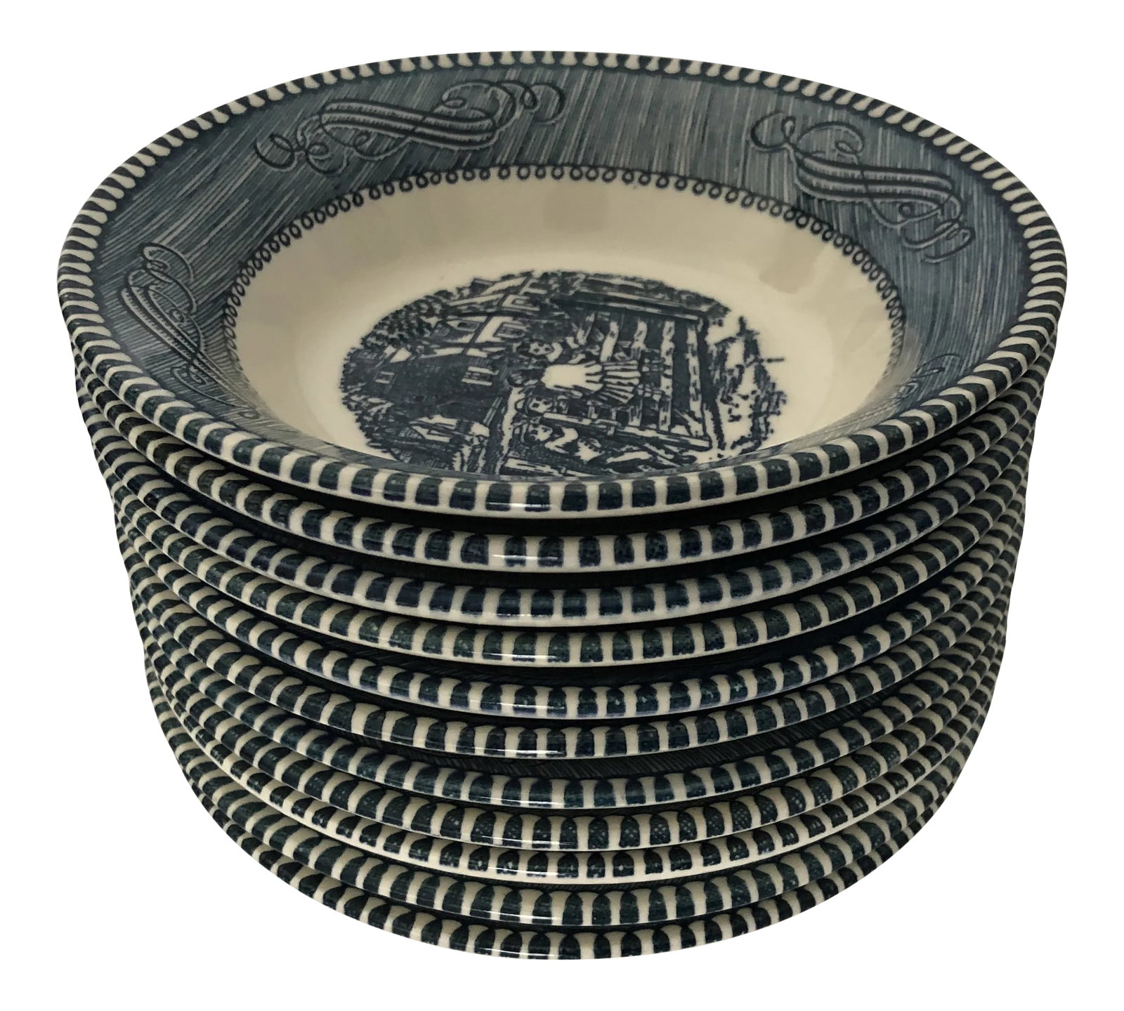 Currier & Ives Scene Dessert Bowls (11) Blue/White (1 of 7)