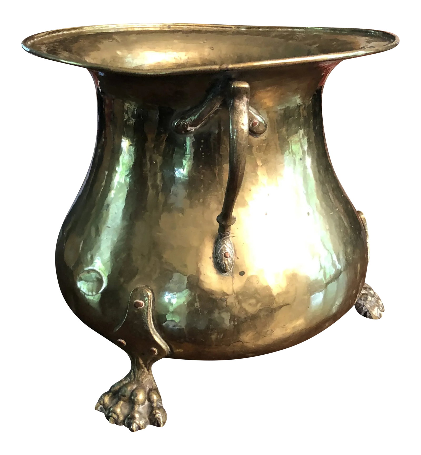 Antique Russian Pre Revolution Imperial Hallmark Brass Hand Rolled Jardiniere: Antique Russian Pre Revolution Imperial Cyrillic Hallmarked Brass Hand Rolled Lip Jardiniere. Exuberant tripod paw feet and lovely dovetailed seams and copper rivets as shown. The hallmark has the