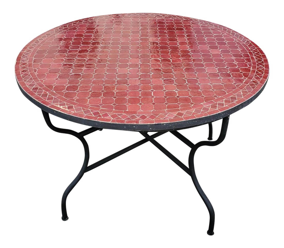 Moroccan 48" Round Burgundy Mosaic Coffee Table: Custom made glazed Moroccan mosaic table measuring 48" in diameter. Burgundy is the color. An indoor or outdoor dining table that sits up to 6 people. The tabletop showcases an intricate Cr4 pattern,