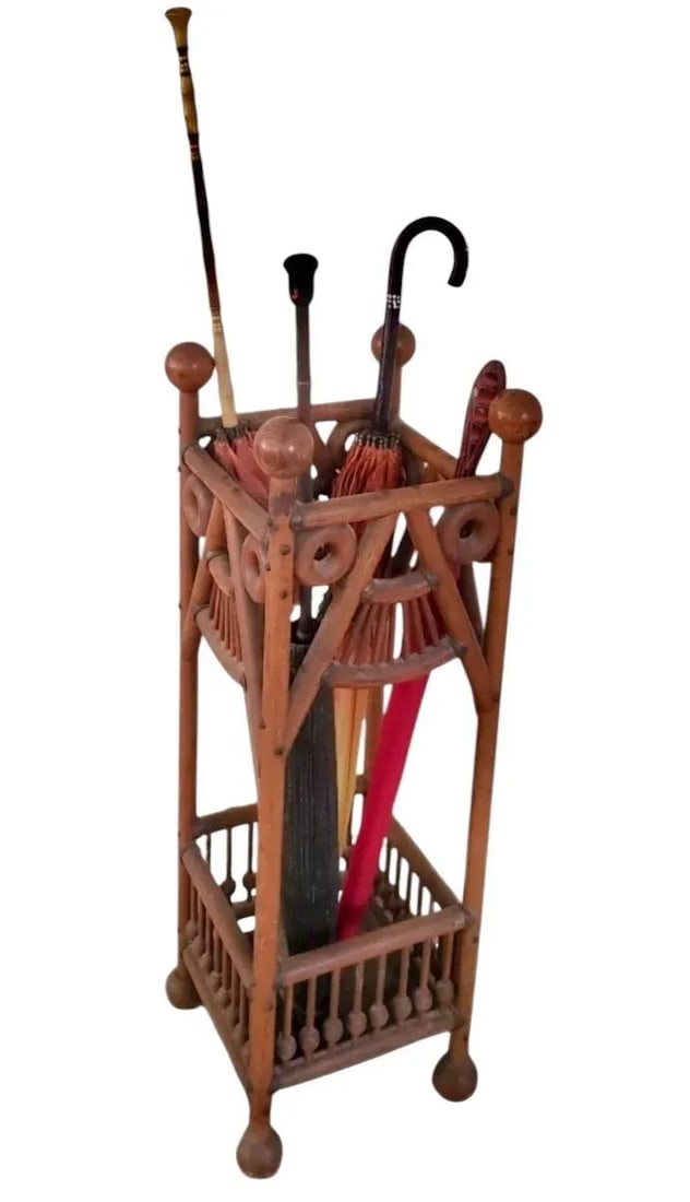 Antique Victorian Oak Stick & Ball Umbrella & Cane Stand With Original Brass Drip Tray - 2