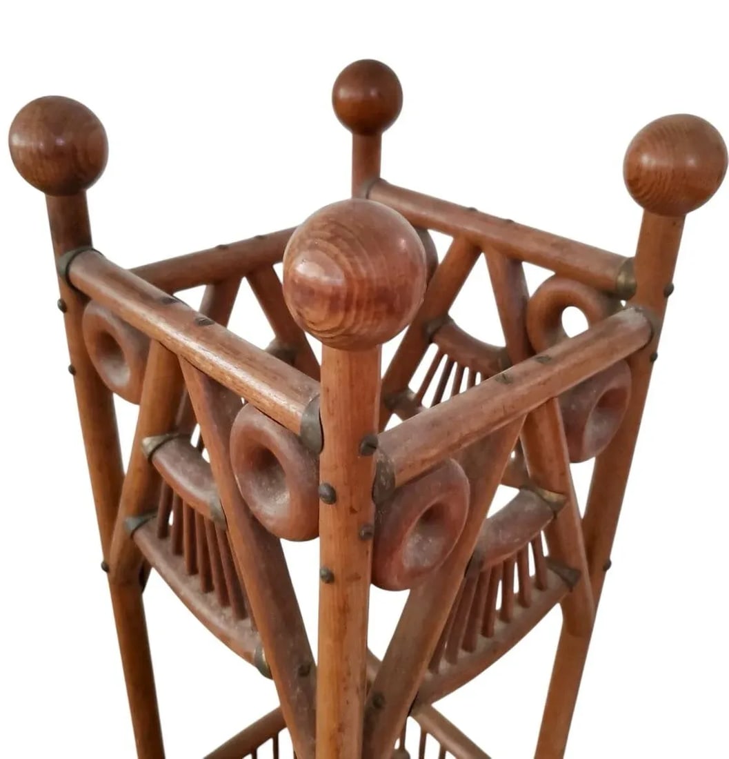 Antique Victorian Oak Stick & Ball Umbrella & Cane Stand With Original Brass Drip Tray - 3
