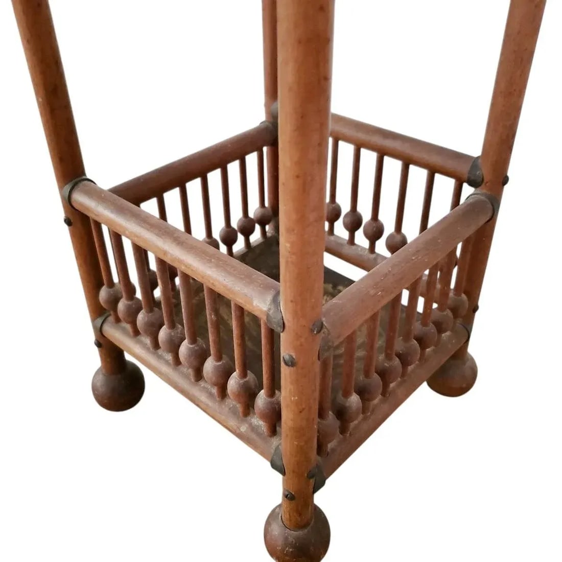 Antique Victorian Oak Stick & Ball Umbrella & Cane Stand With Original Brass Drip Tray - 7