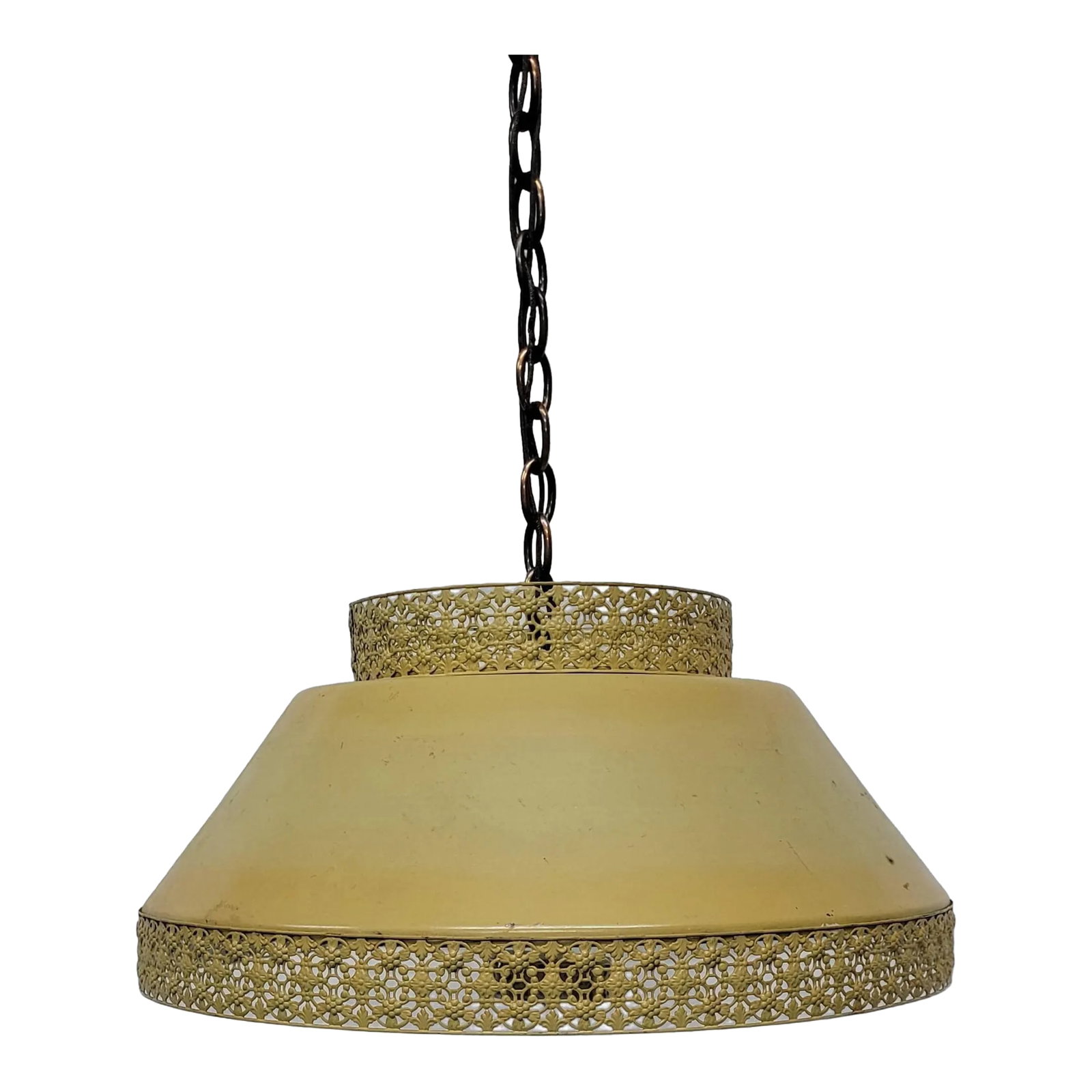 Vintage Tole French Filagree Metal Hanging Ceiling Kitchen Light: Vintage Yellow Gold Tole French Filagree Metal Hanging Ceiling Light. All metal, can easily painted to any color you choose or leave as is for that vintage tattered charm. Overall in good working cond
