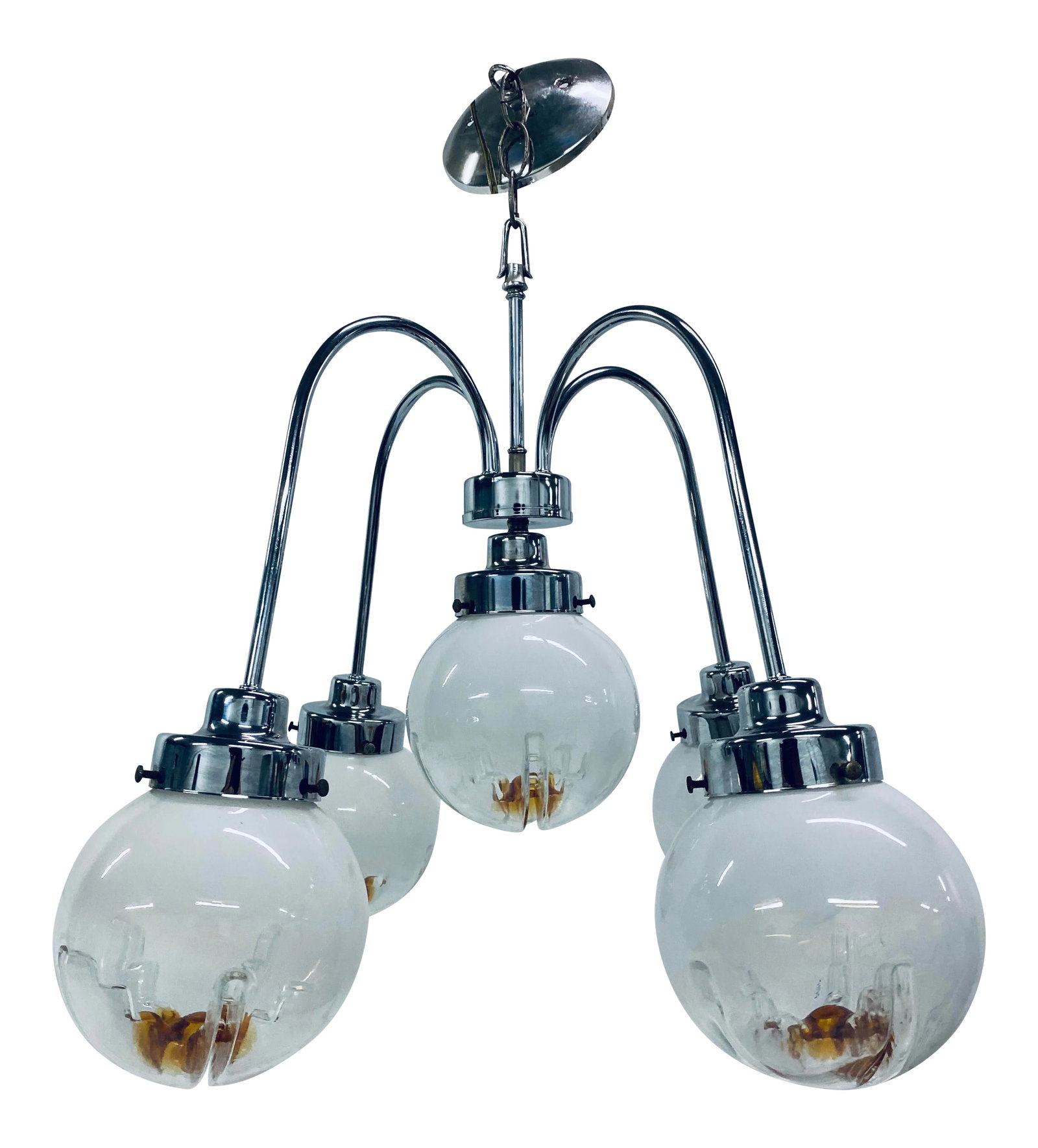 Mid-Century Modern Mazzega Five Arm Murano Glass Chandelier: Mid-Century Modern handblown Murano glass and chrome pendant chandelier by Mazzega, Italy. 1970s Condition: Alterations: Original Condition Unaltered Imperfections: Some Imperfections Condition