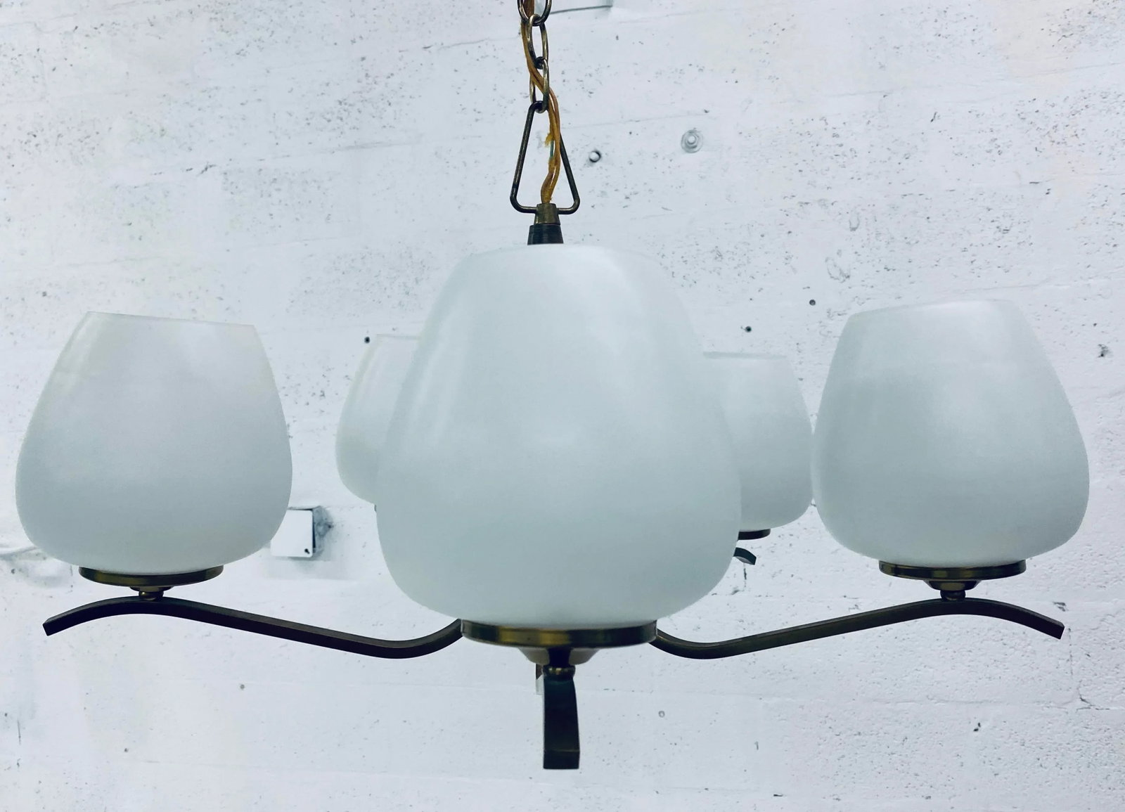 Italian Five Branch Brass and Opaline Glass Chandelier - 11