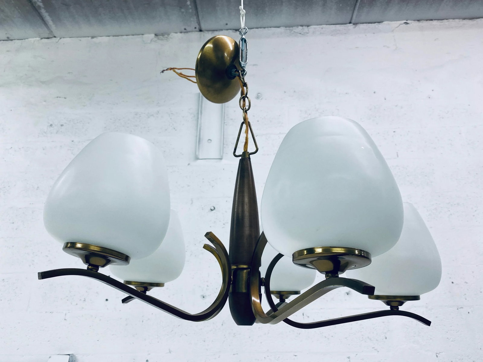 Italian Five Branch Brass and Opaline Glass Chandelier - 2