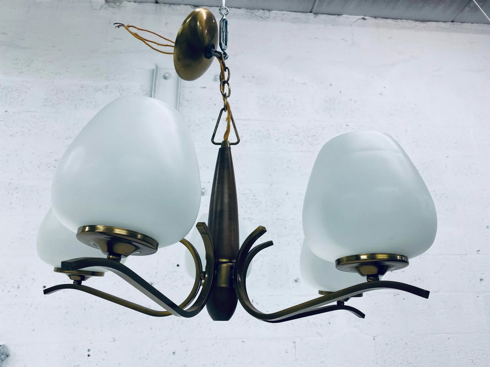 Italian Five Branch Brass and Opaline Glass Chandelier - 3