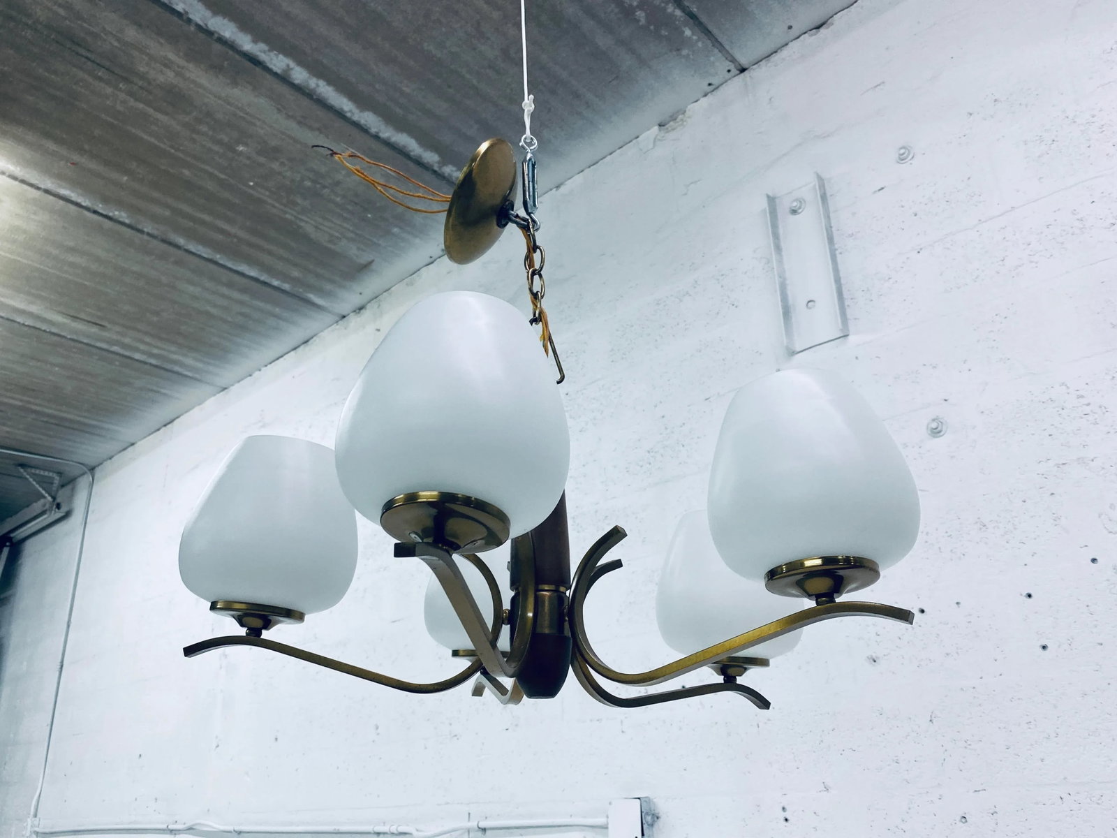 Italian Five Branch Brass and Opaline Glass Chandelier - 4