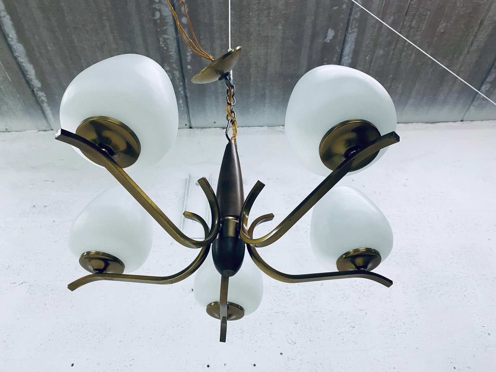 Italian Five Branch Brass and Opaline Glass Chandelier - 5