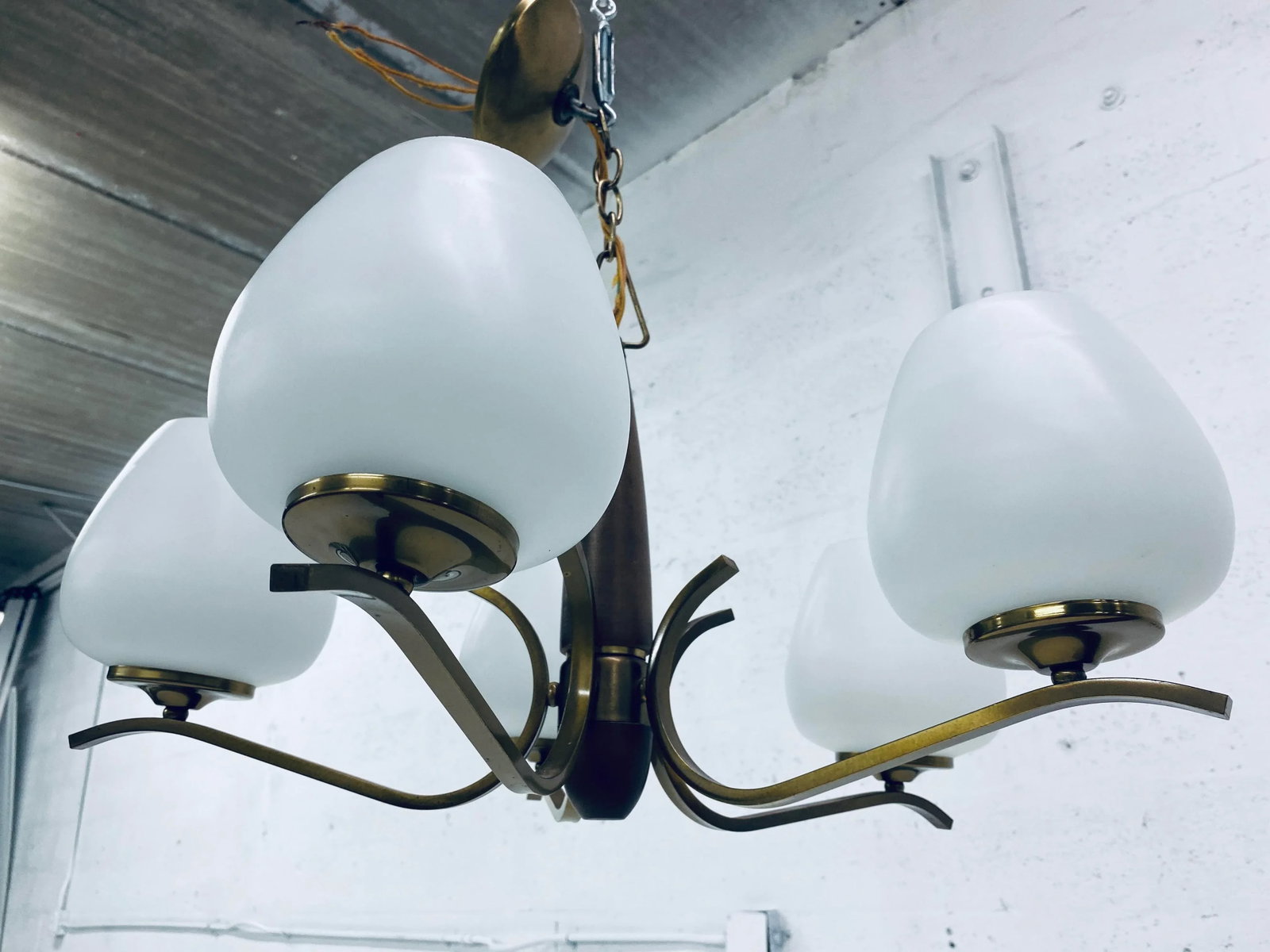 Italian Five Branch Brass and Opaline Glass Chandelier - 8