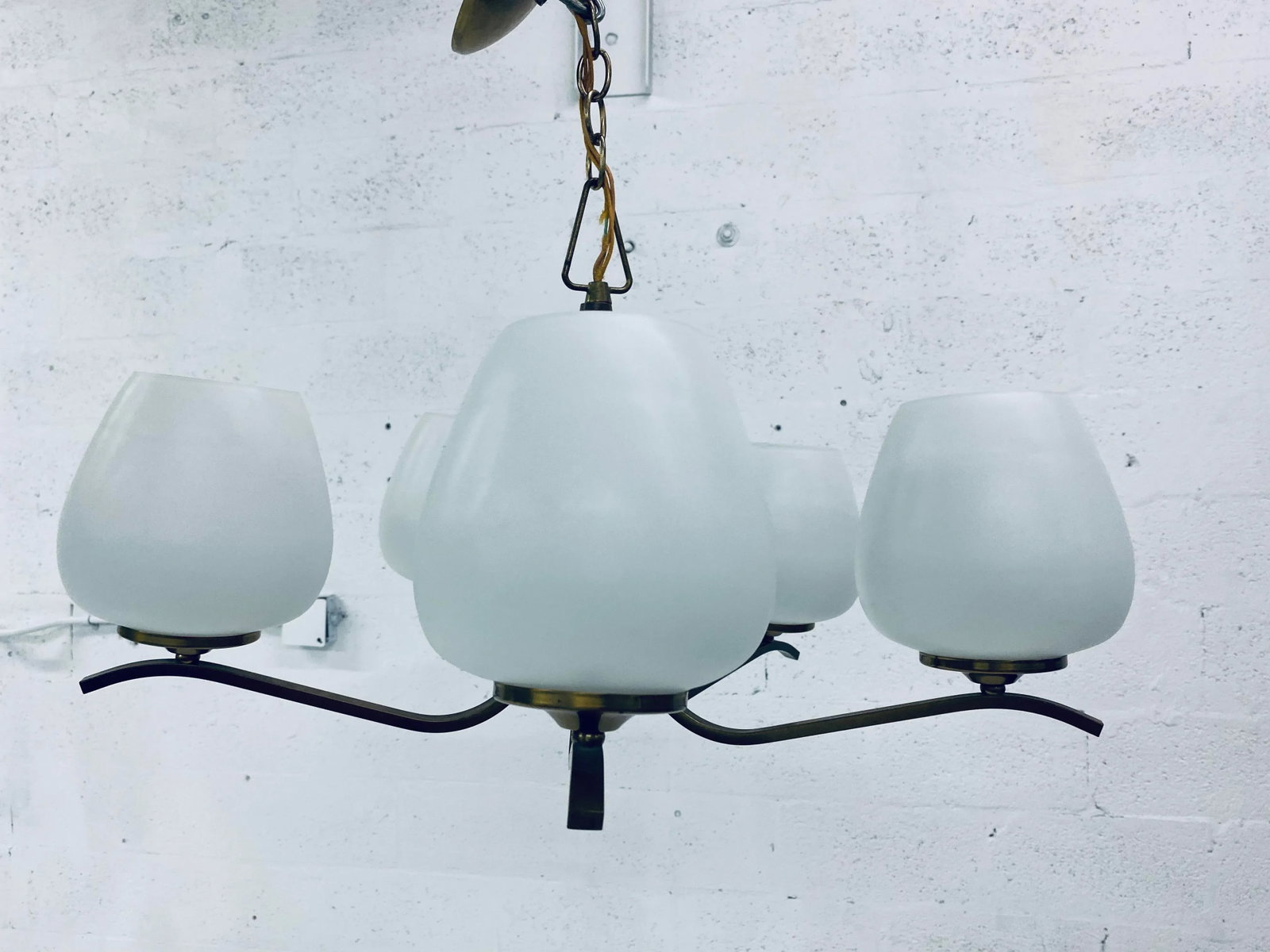 Italian Five Branch Brass and Opaline Glass Chandelier - 9