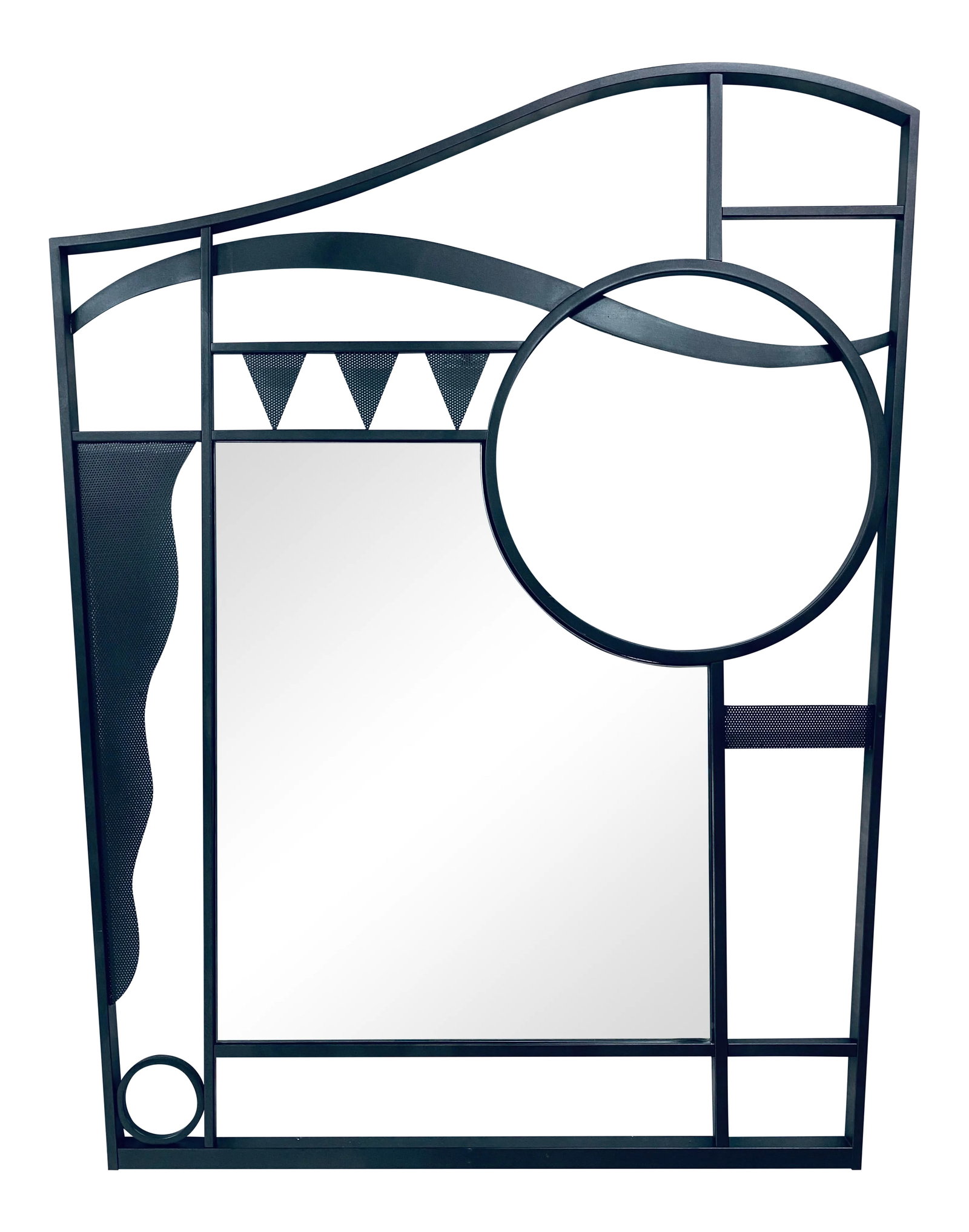 Postmodern Design Steel Frame Wall Mirror: Custom steel wall mirror finished in dark brown. A contemporary postmodern design from the early 2000s. Condition: Alterations: Original Condition Unaltered Imperfections: Some Imperfections