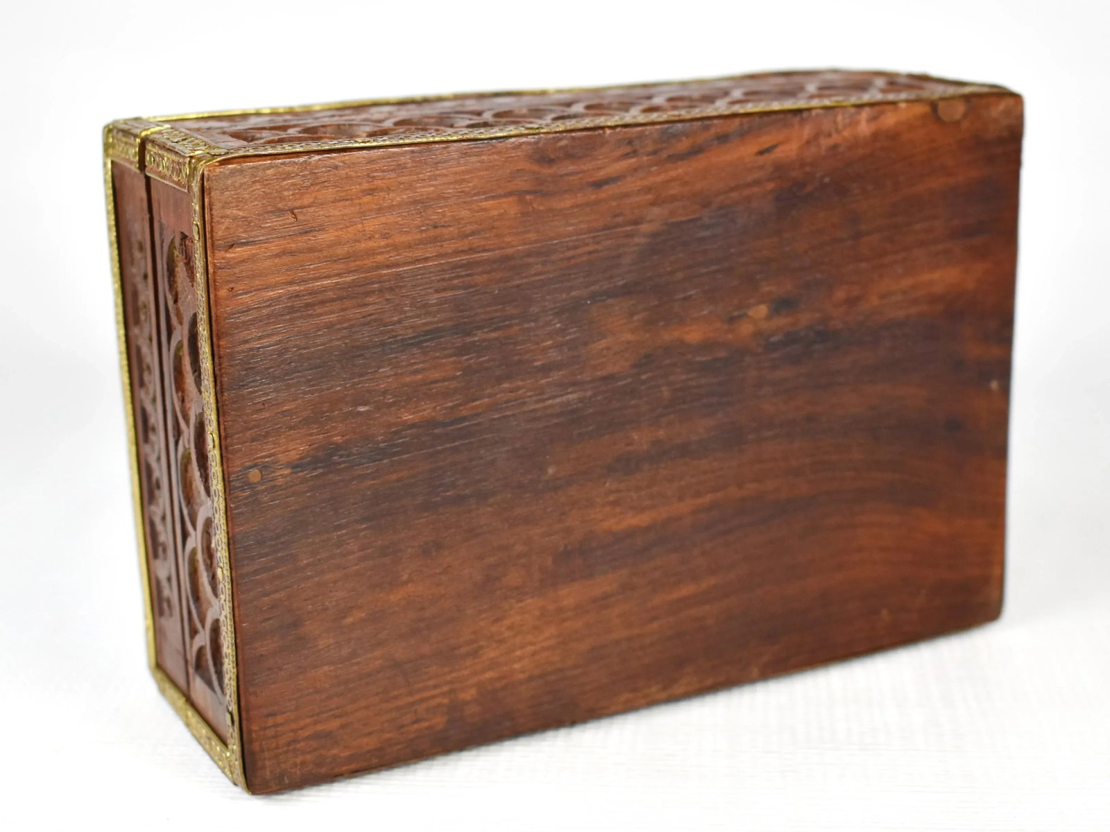 Vintage Hand Carved Elephant Wooden Jewelry Trinket Box With Brass Trim - 10